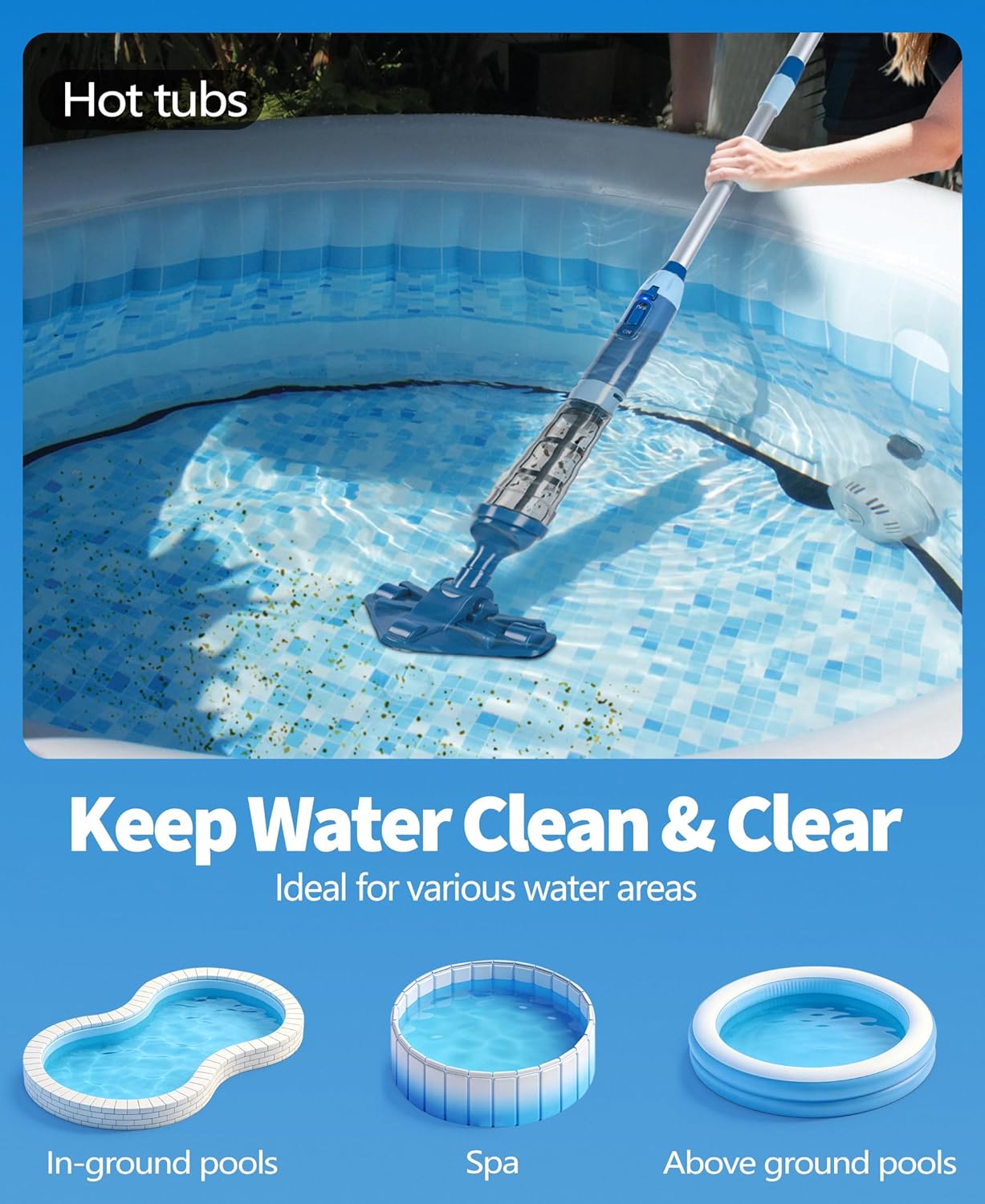PoolLeader - Aspirateur piscine sans fil - 2,13m - 60L/min, 90min autonomie