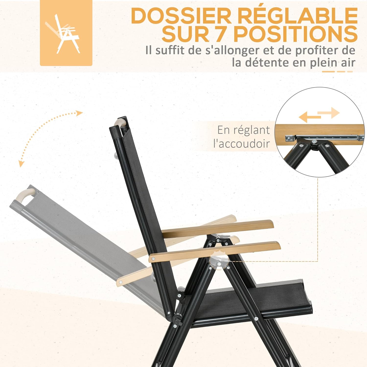 Outsunny - Salon de jardin aluminium 190 cm, 6 chaises pliables inclinables, bois naturel