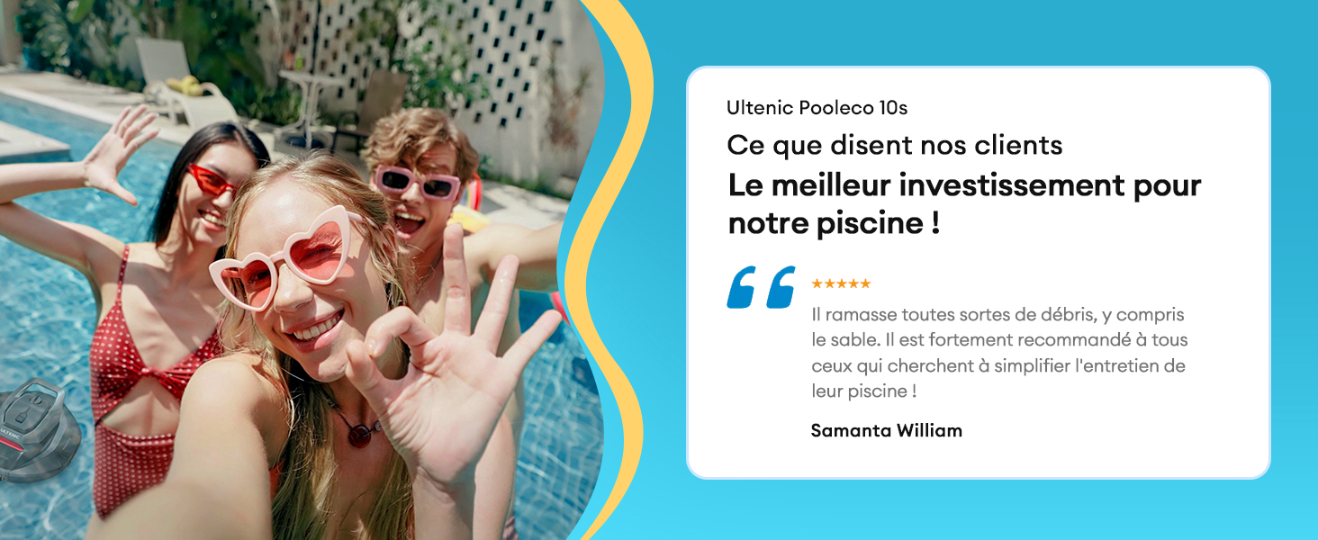 Le texte se lit comme suit : « Car que désert nos clients, Le meilleur investissement pour notre piscine ! ». Scène de piscine avec eau bleue.