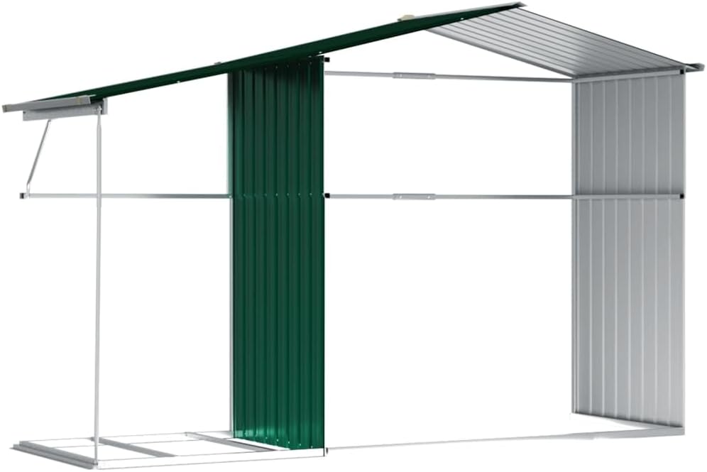 Abri de jardin en acier galvanisé 277 x 192,5 x 179 cm vert avec support pour bois de chauffage, abri de jardin en métal robuste pour le rangement, poignées pratiques et bonne ventilation avec 4