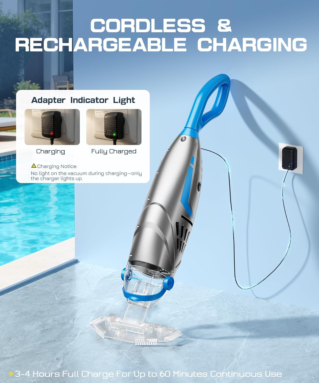 UIRWAY V3 Aspirateur Piscine sans Fil, 26,5 GPM Aspirateur Piscine Hors Sol Puissant Graviers, 2026 IPX8 Balai Aspirateur Piscine Rechargeable avec 2 Têtes & 4 Sacs Filtrants, Autonomie 1H Adapté