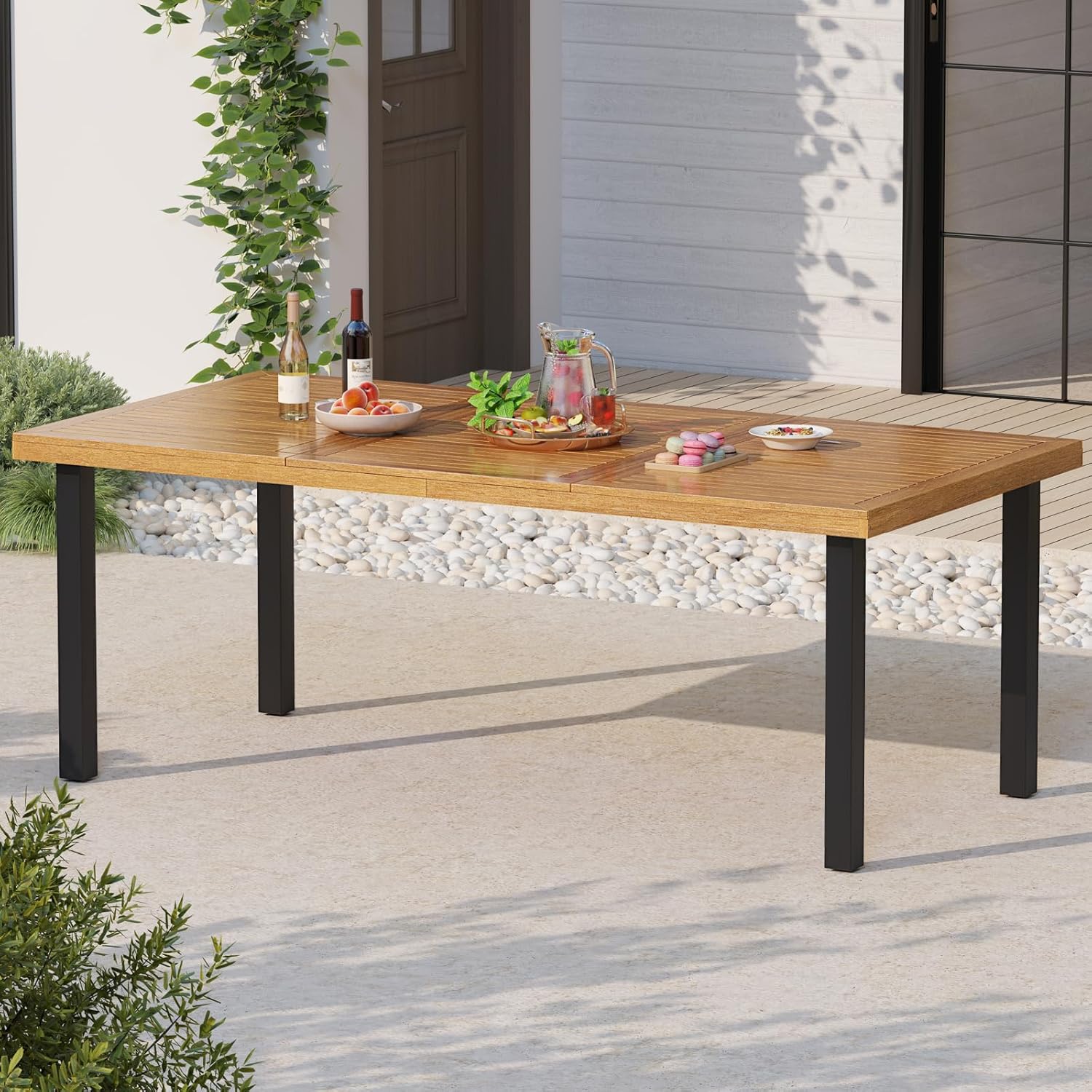 GOPLUS - Table à manger bois FSC 200x100x75cm - 8 pers, trou parasol