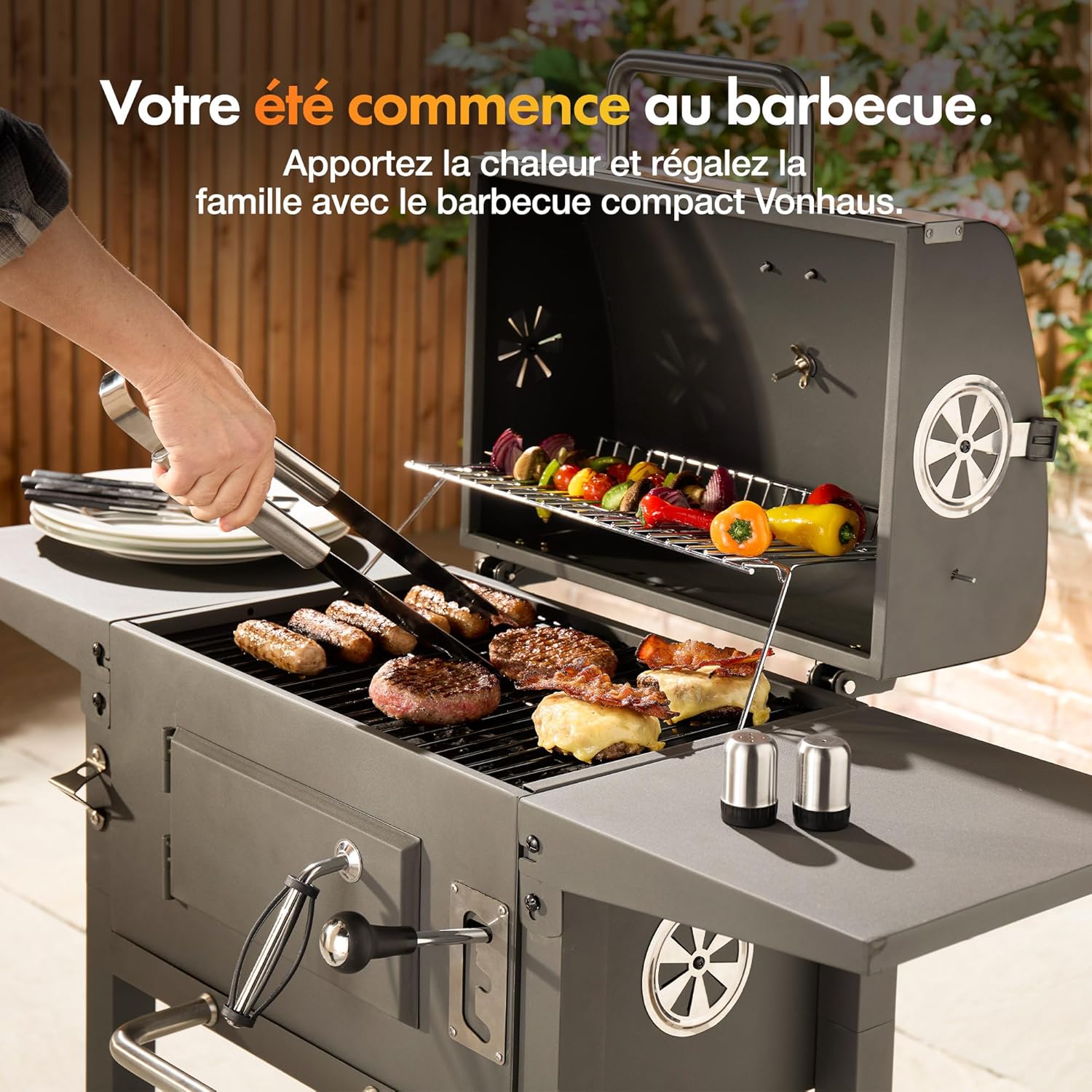 VonHaus - Barbecue charbon portable - hauteur réglable, grilles, roulettes, tables latérales, étagère - 78x40x90 cm