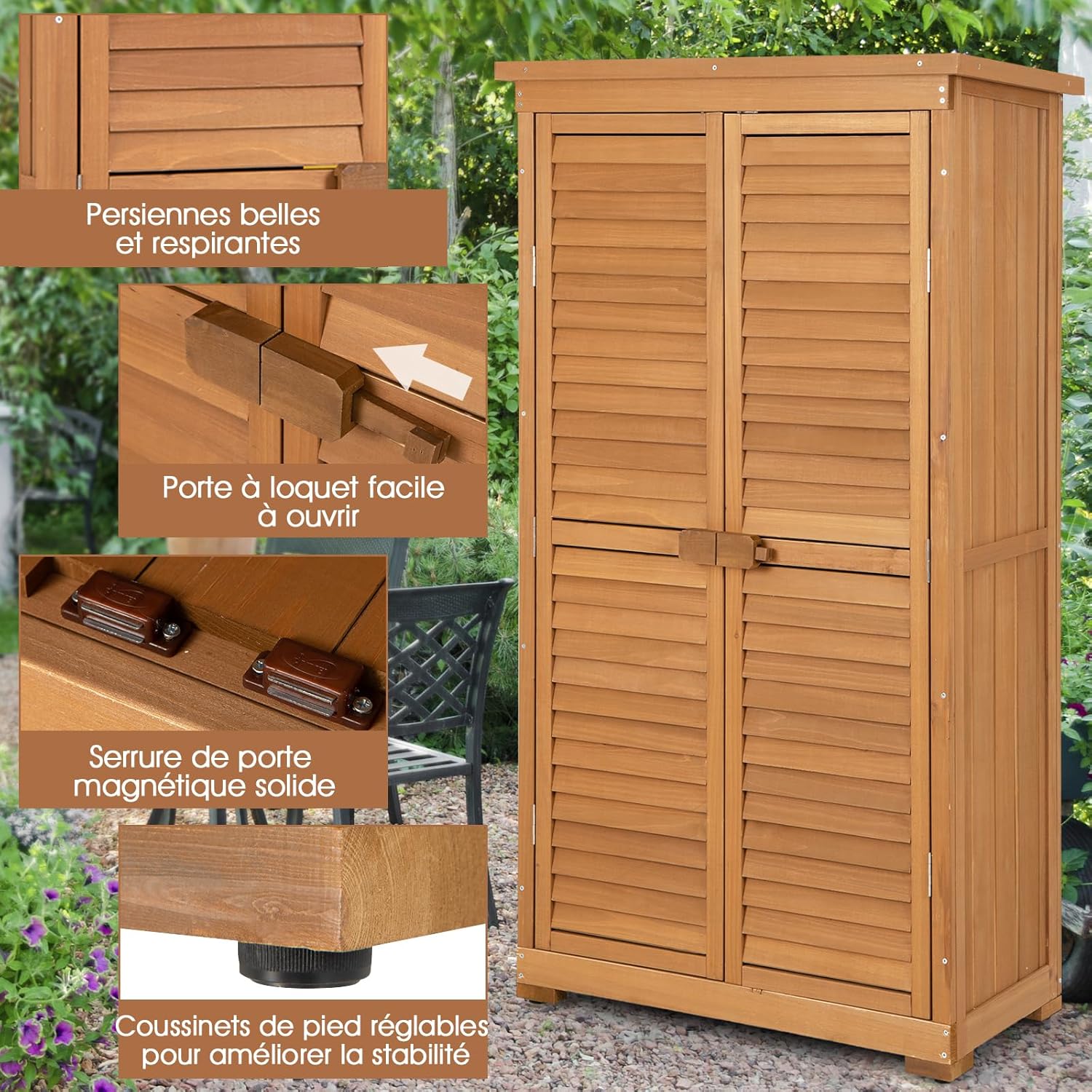 COSTWAY - Abri de jardin 160 cm - Bois, toit asphalte, 2 portes verrouillables, étagères amovibles