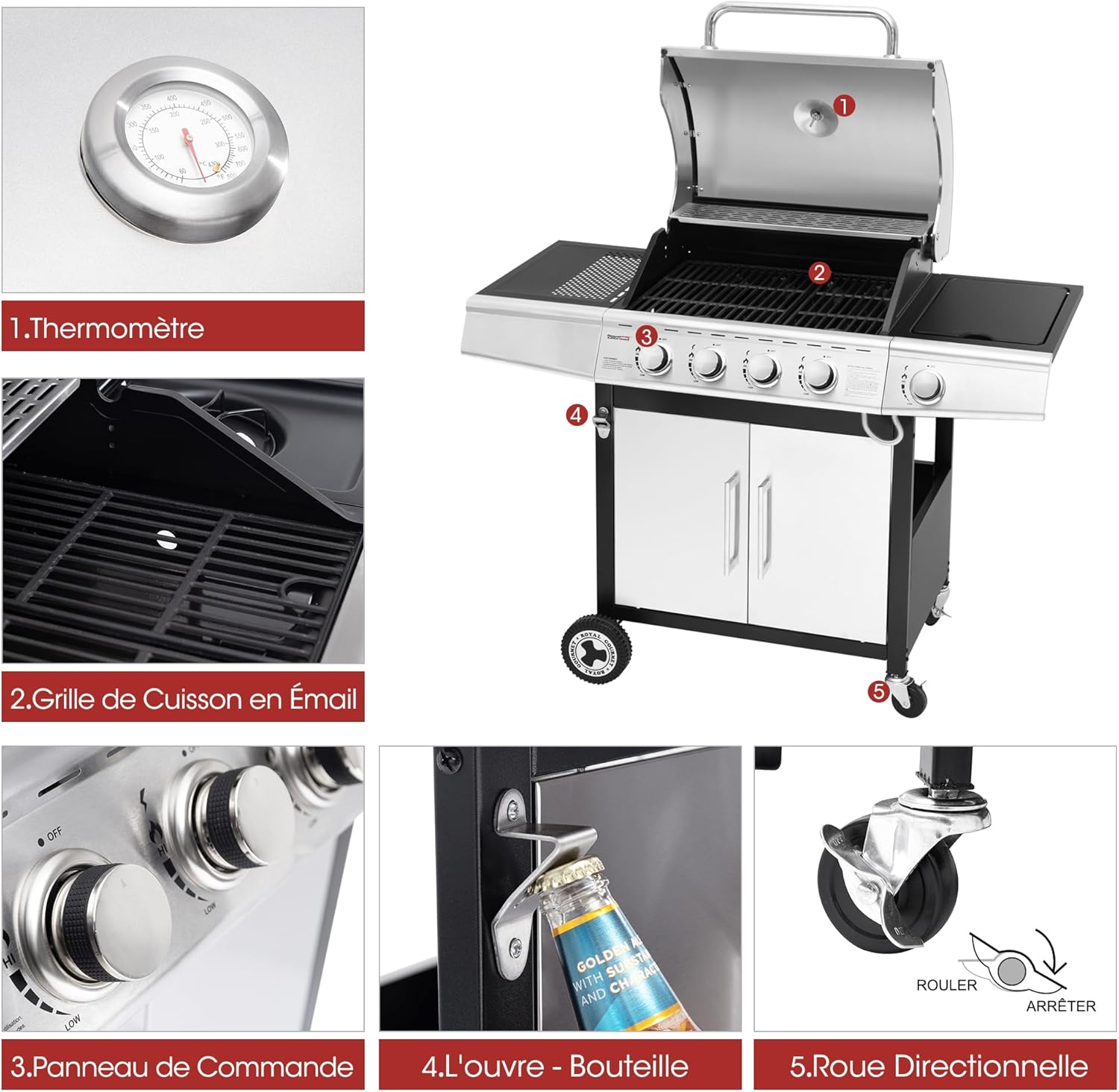 Royal Gourmet - Barbecue Gaz 4+1 brûleurs inox - 14,5kW - 2 portes, thermomètre, roues directionnelles