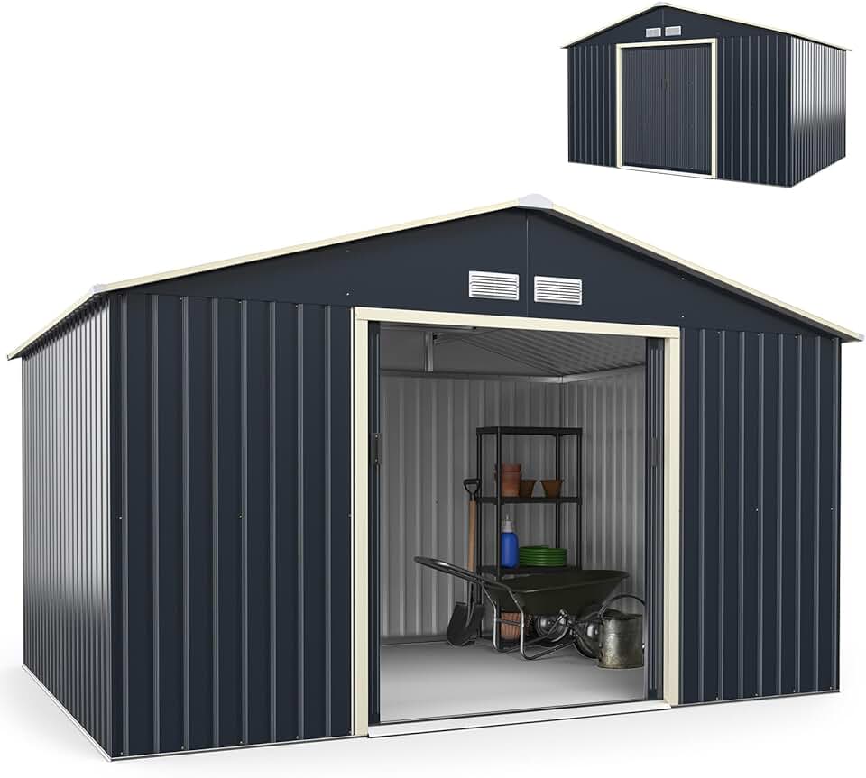 COSTWAY - abri de jardin métal, 340x255x210cm, 2 portes, aération, toit pentu