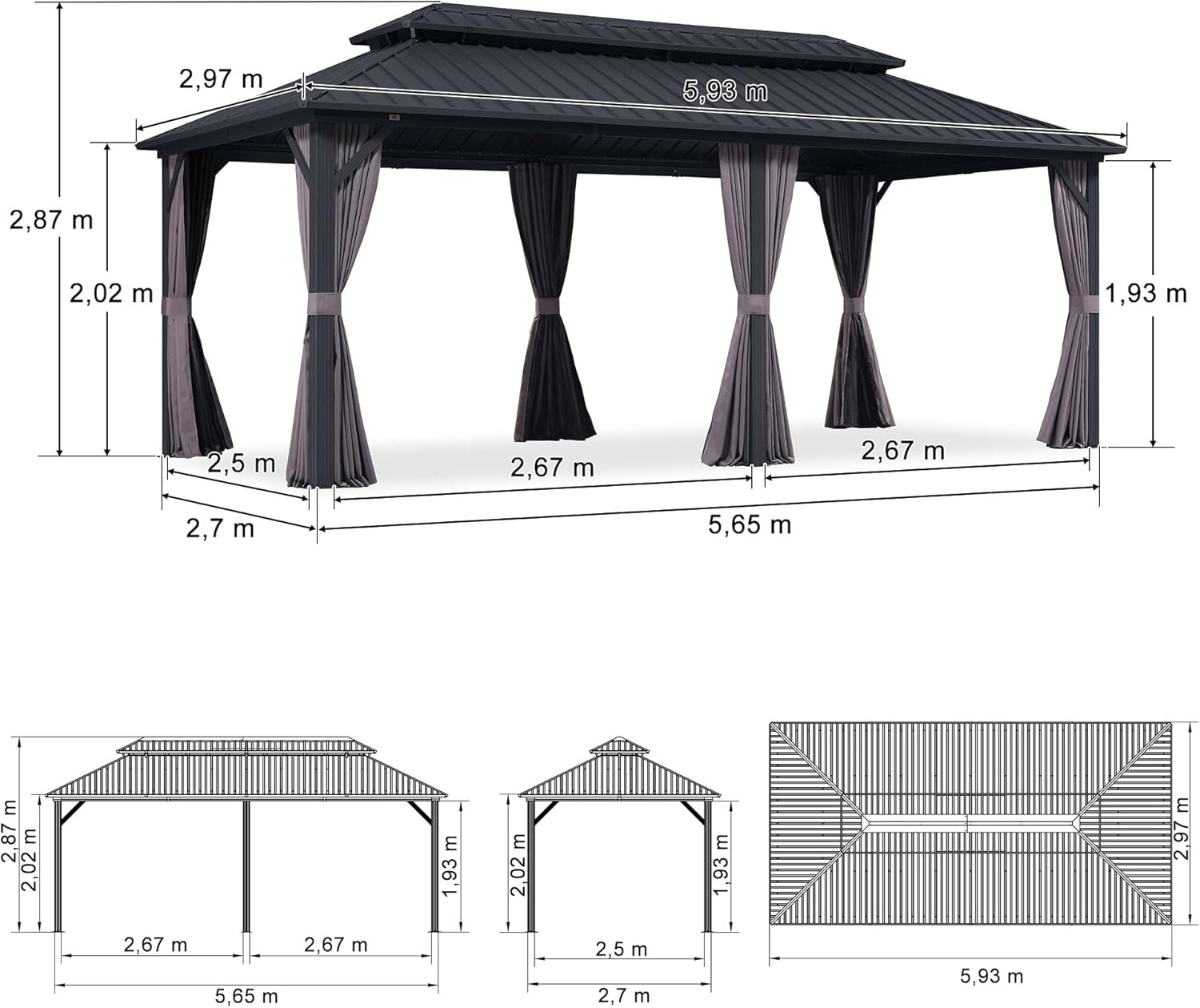 PURPLE LEAF - pergola double toit 6x3m, alu & acier, rideaux & moustiquaire