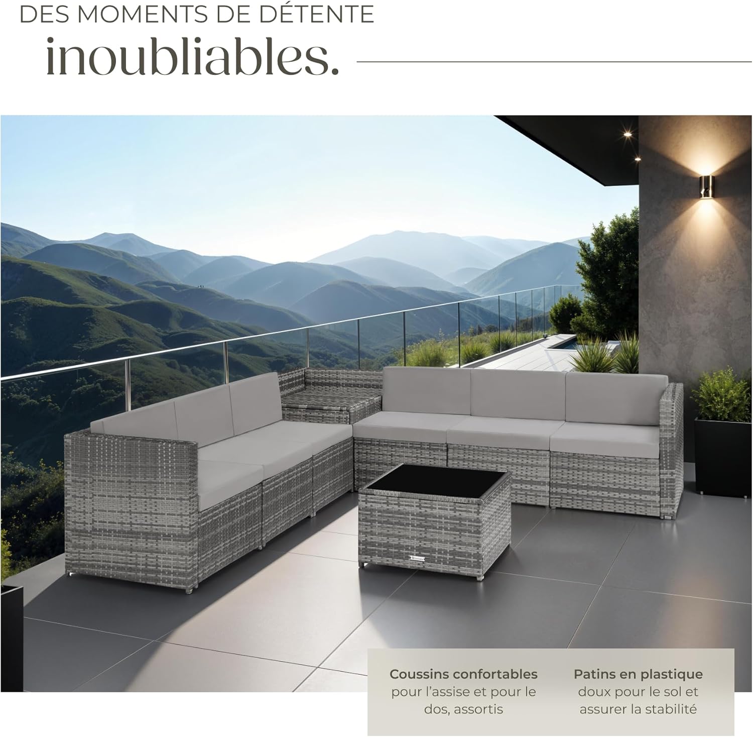 Salon de Jardin TecTake - Rotin 6 places - Résine tressée, modulable, coffres, s'étend sur balcon ou terrasse, gris - EX