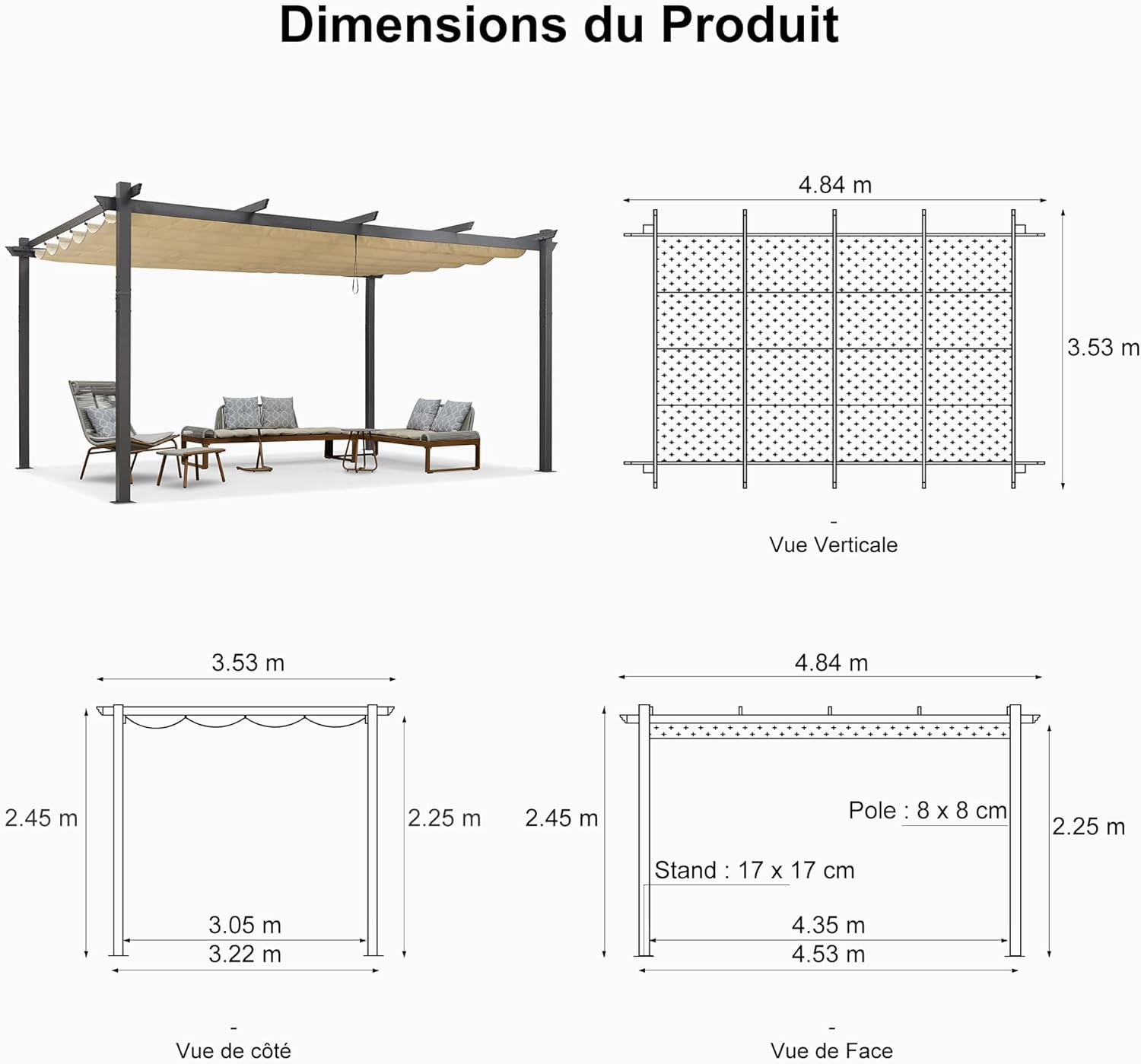 PURPLE LEAF - pergola aluminium série LED - 4,8x3,5 m - toit rétractable, structure résistante, kaki