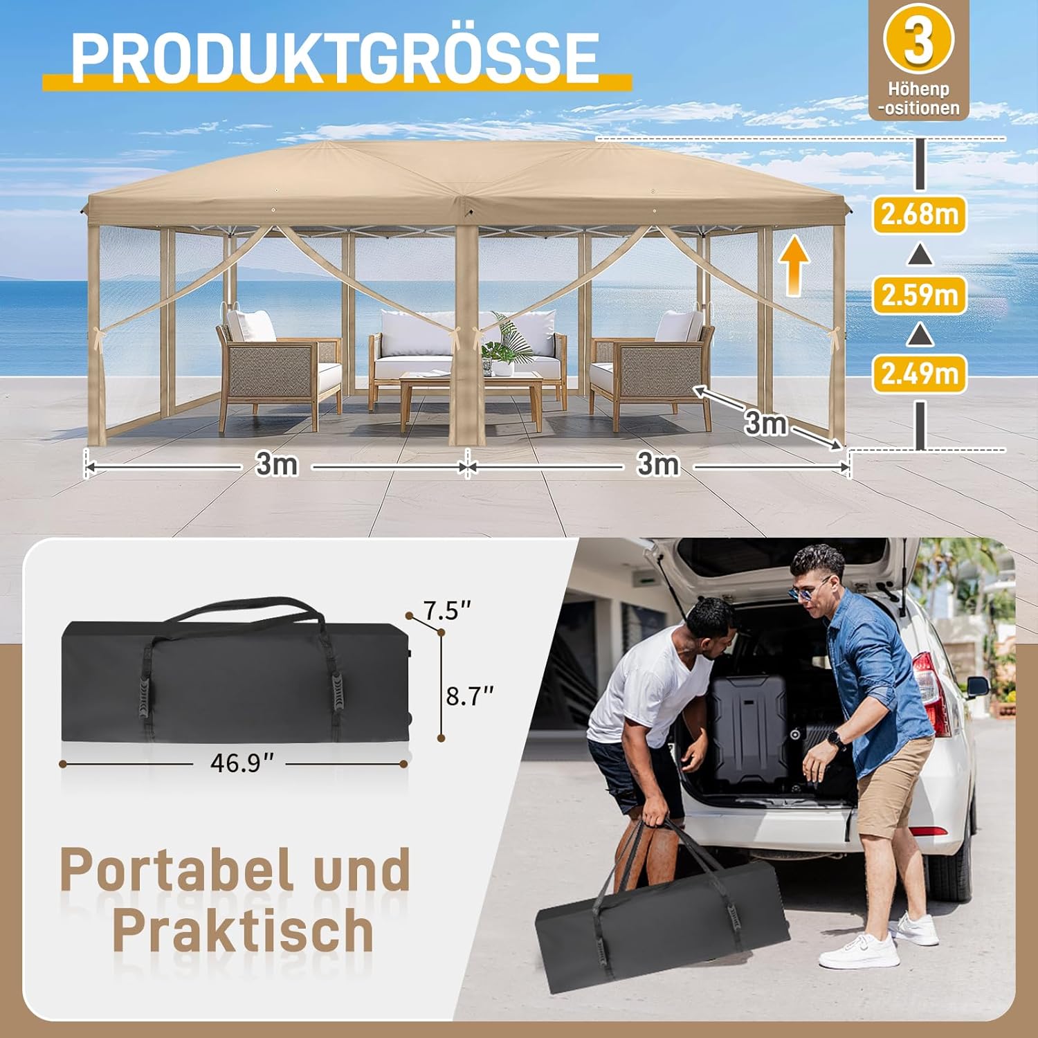 LEADZM - Tonnelle pliante série référence - 3x6m - imperméable, UV 50+, hauteur ajustable, 6 moustiquaires