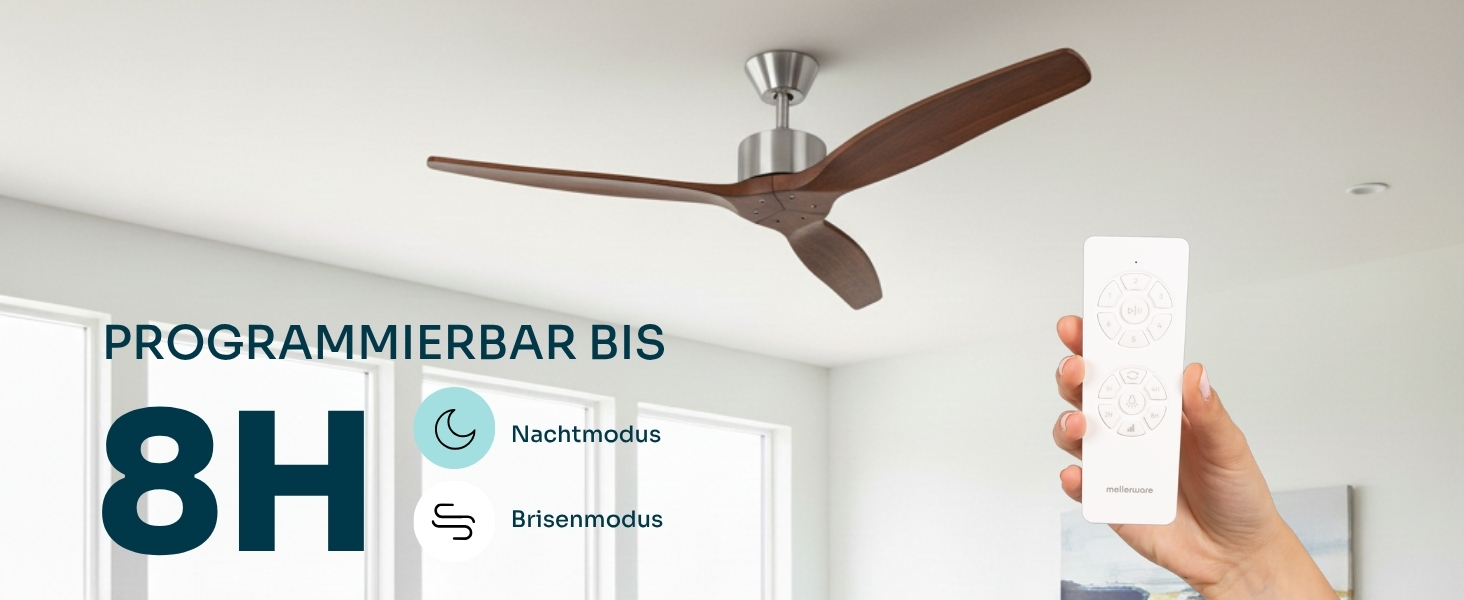 Le texte indique « PROGRAMMIERBAR BIS 8H ». Ventilateur de plafond moderne illustré avec interface de commande d'affichage pour smartphone.