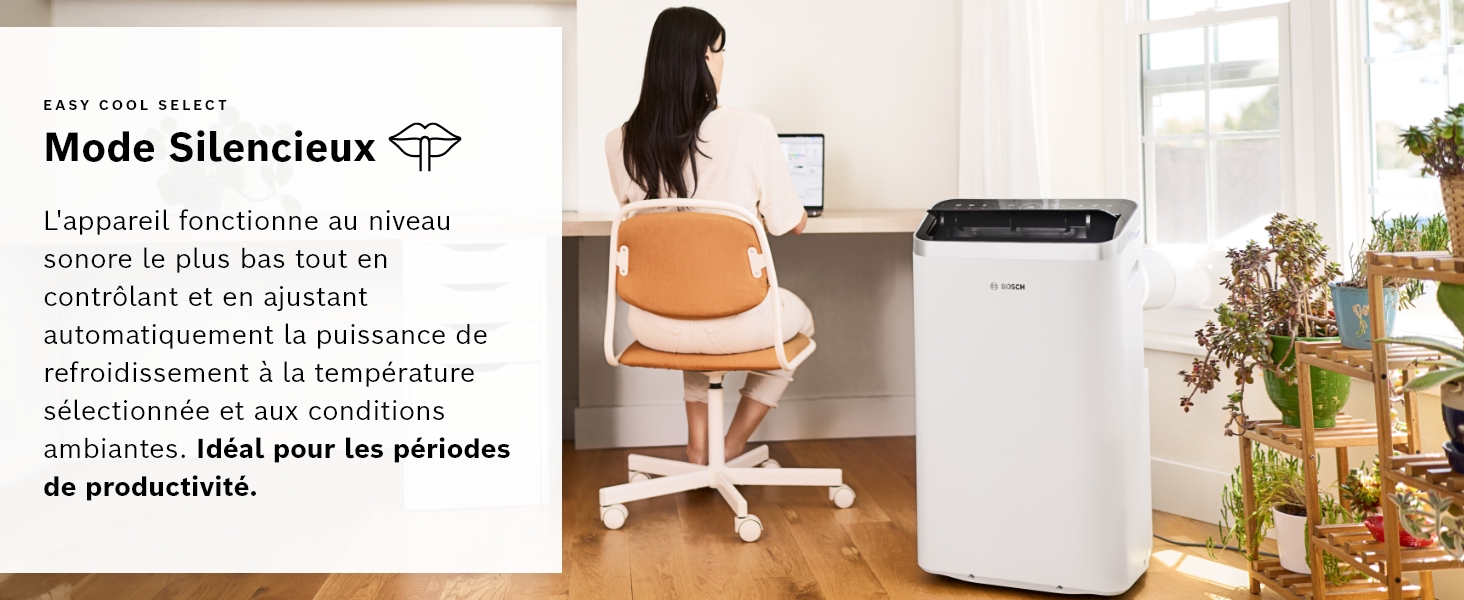 avec base blanche dans une pièce lumineuse avec des plantes. Le texte décrit le fonctionnement silencieux et les avantages en termes de productivité.