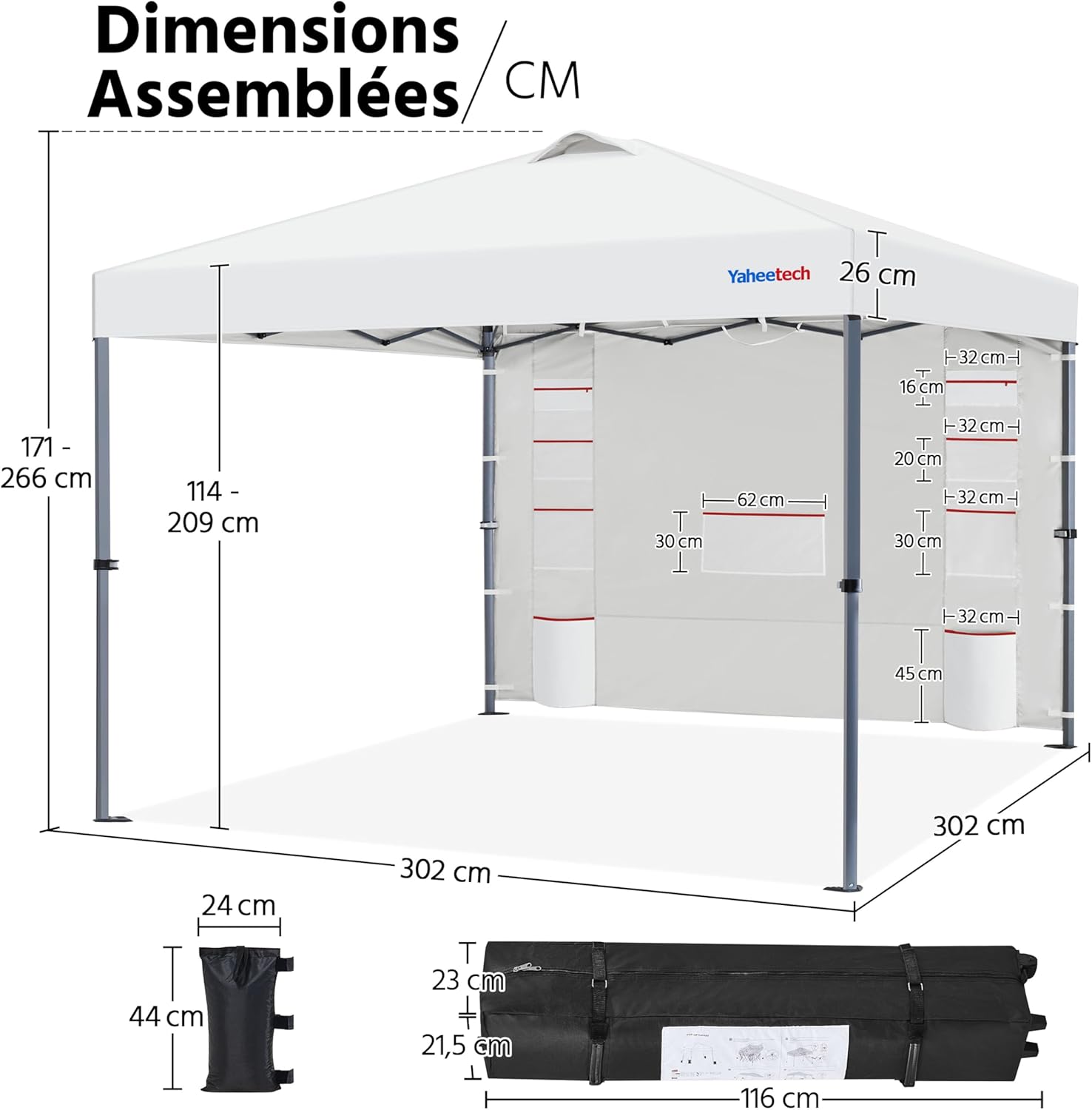 Yaheetech - Tonnelle Pliante Jardin - réglable, imperméable, anti-UV, latérale