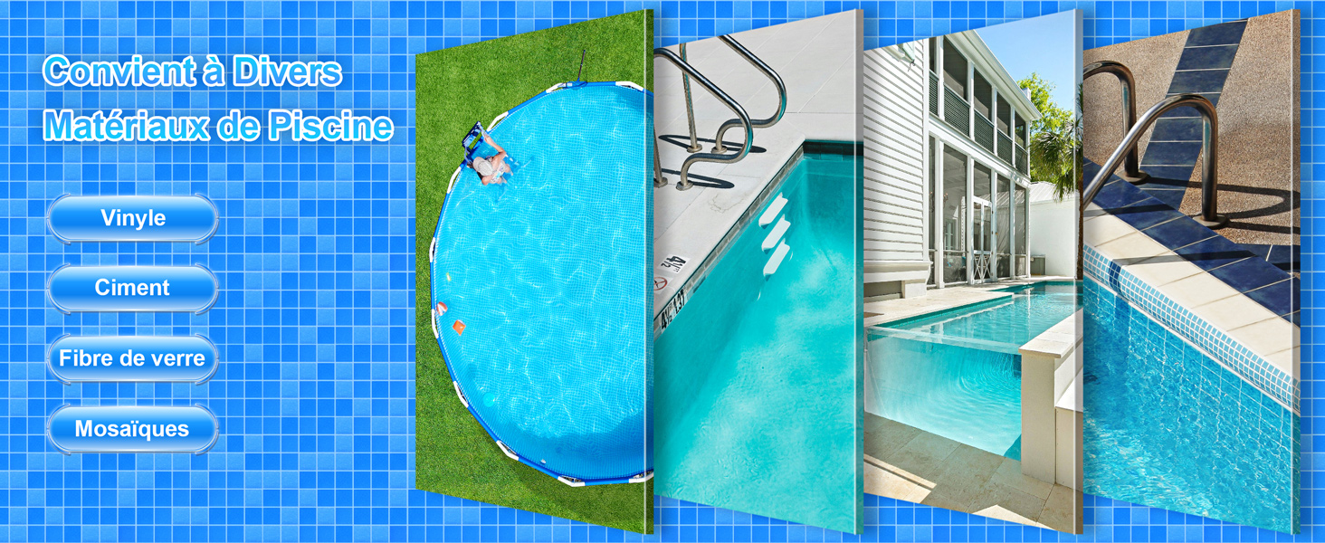 Le texte indique « Chauffeur et filtration », « Chauffage de piscine », « Aérothermie ». Collage d'images de piscine montrant une vue aérienne de la piscine, de l'eau turquoise, des structures de piscine extérieure et des systèmes de piscine chauffée.