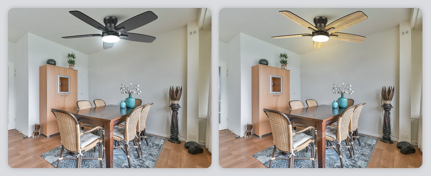 Comparaison côte à côte d'un ventilateur de plafond dans une salle à manger. L'image de gauche montre le ventilateur éteint, l'image de droite montre le ventilateur allumé avec un luminaire éclairé, démontrant la fonctionnalité de l'éclairage.