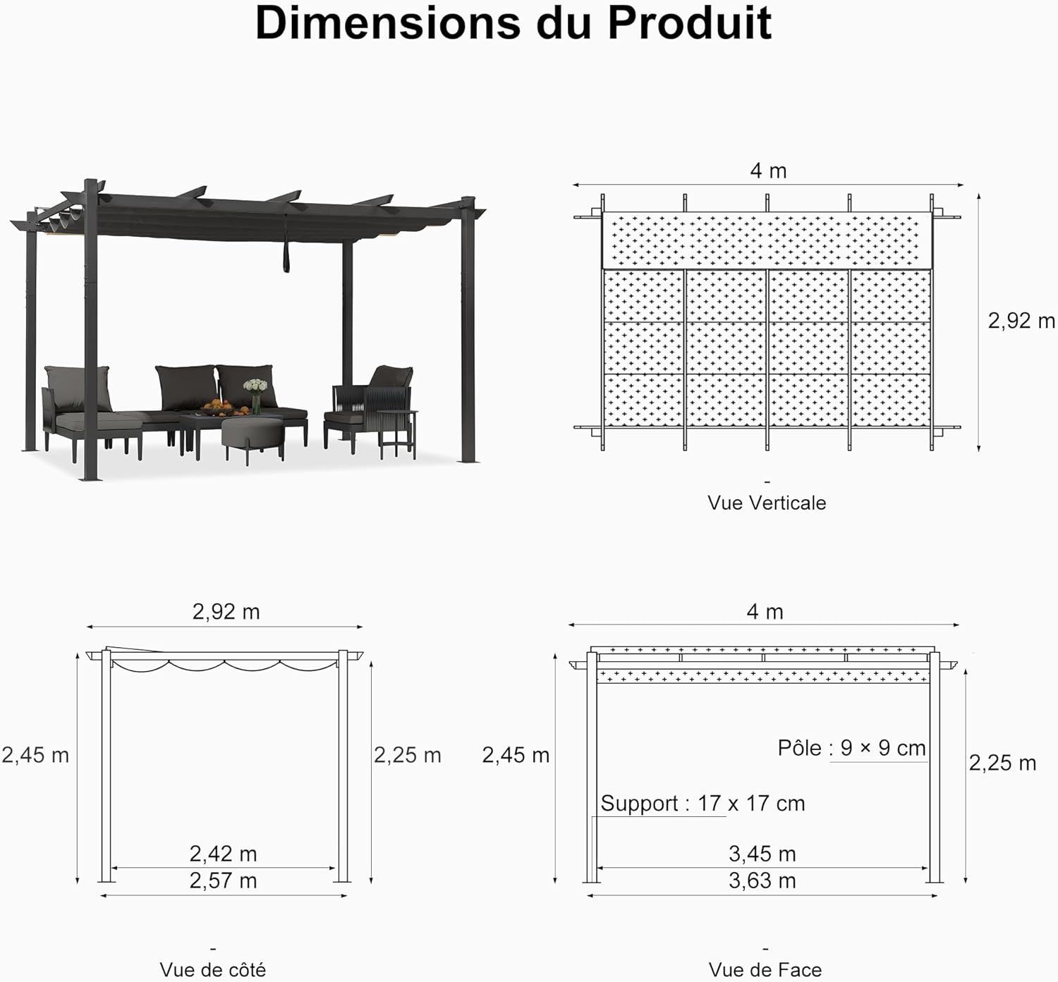 PURPLE LEAF - Pergola aluminium série - 4x3m - toit rétractable, imperméable, gris
