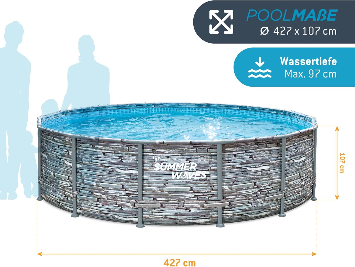 Summer Waves - Frame Pool Kit rond - 427x107 cm - aspect pierre grise, pompe à filtre