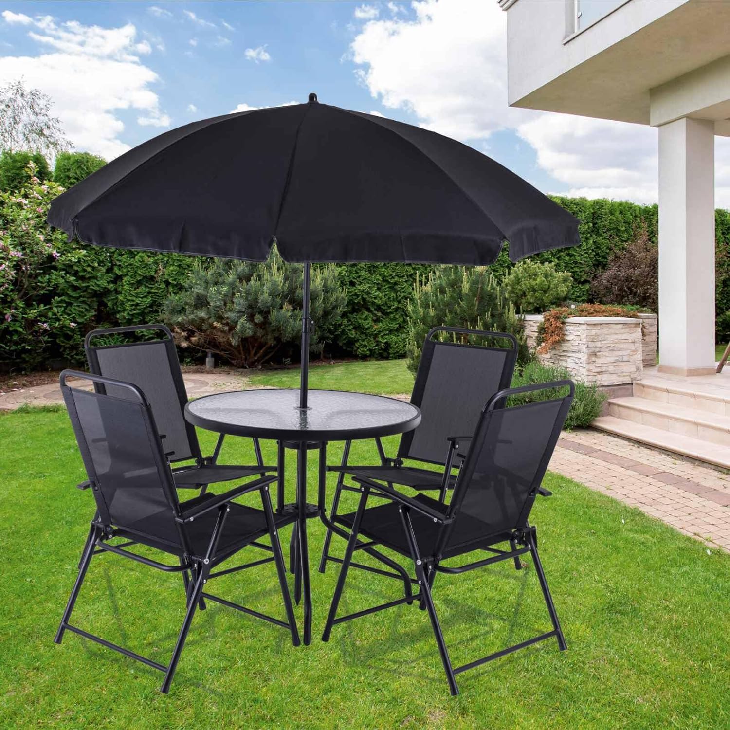 Practixx - Salon de Jardin Balcon série PX-BS-1 - 4 places, table, 4 chaises, parasol, résistant UV/intempéries, PX-BS-1