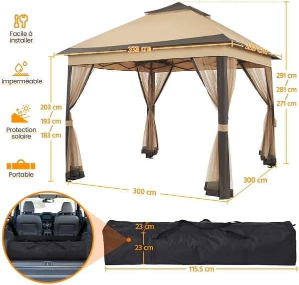 Yaheetech - tonnelle jardin série kaki/brun - 3,3x3,3m - moustiquaires, toile imperméable