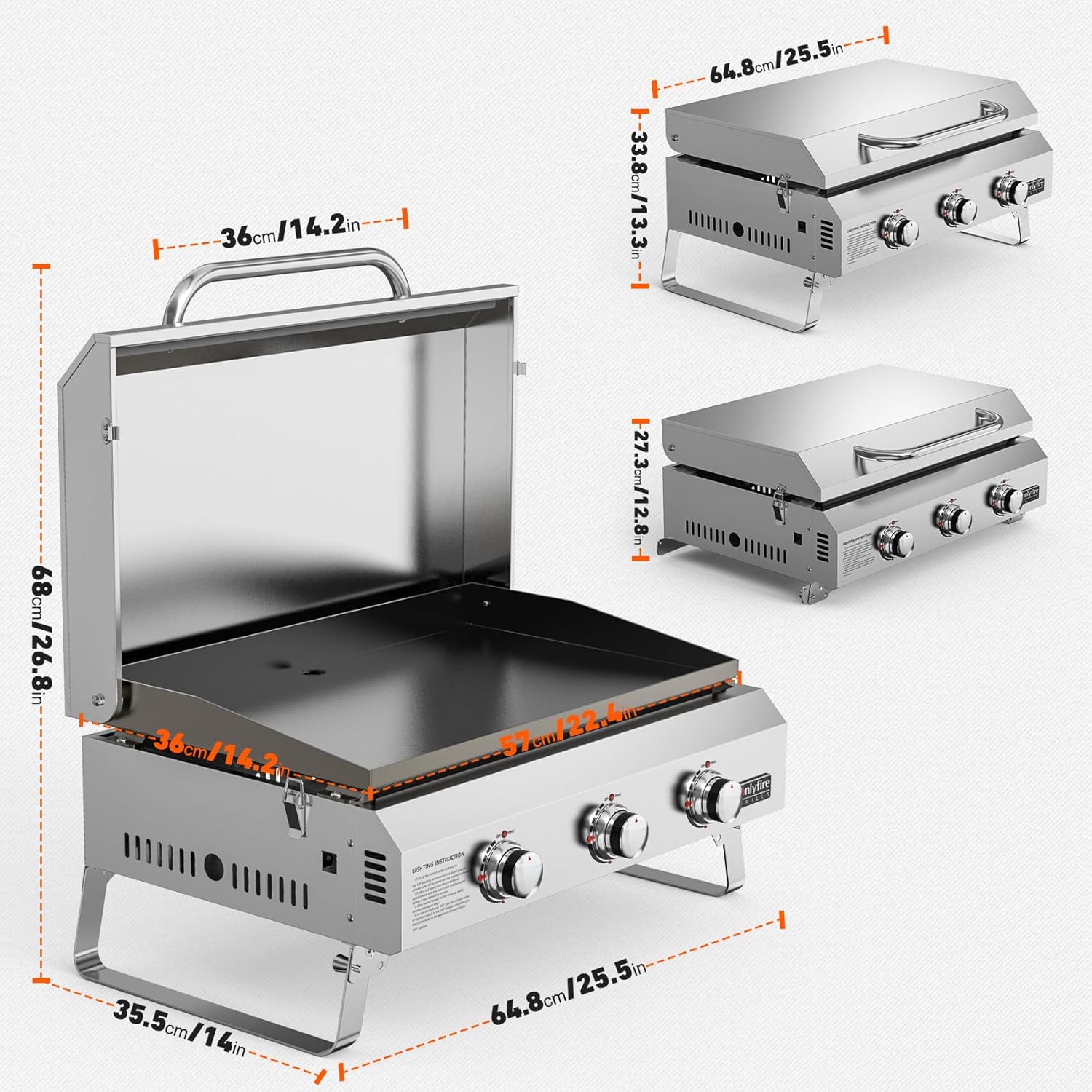 onlyfire - Plancha gaz inox - 57x36cm - 3 brûleurs, 7kW, céramique, pieds pliables