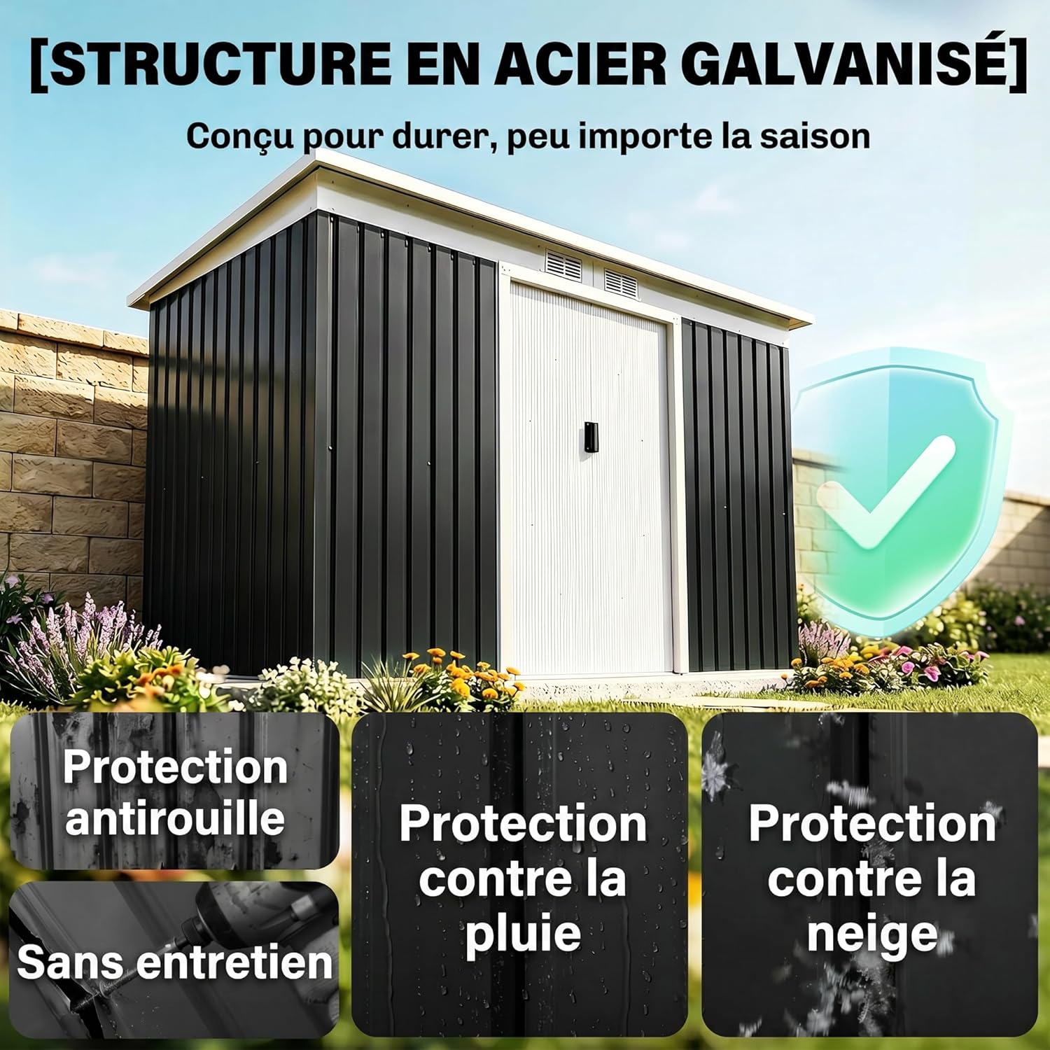 Outsunny - abri de jardin acier galvanisé 3,6m² - portes coulissantes, fondation, ventilé, 280x130x172cm