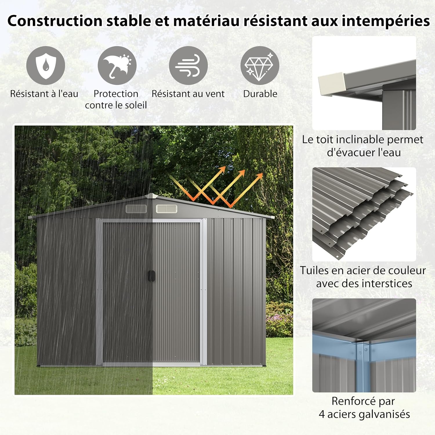 COSTWAY Abri de Jardin 4.7㎡en Acier Galvanisé Anti-UV, 260 x 207 x 181 CM, Cabane de Jardin Exterieur 9.7 m³ avec Fondation et Porte Coulissante, Rampe, 4 Trous d’Aération, 4 Gants Inclus, Gris