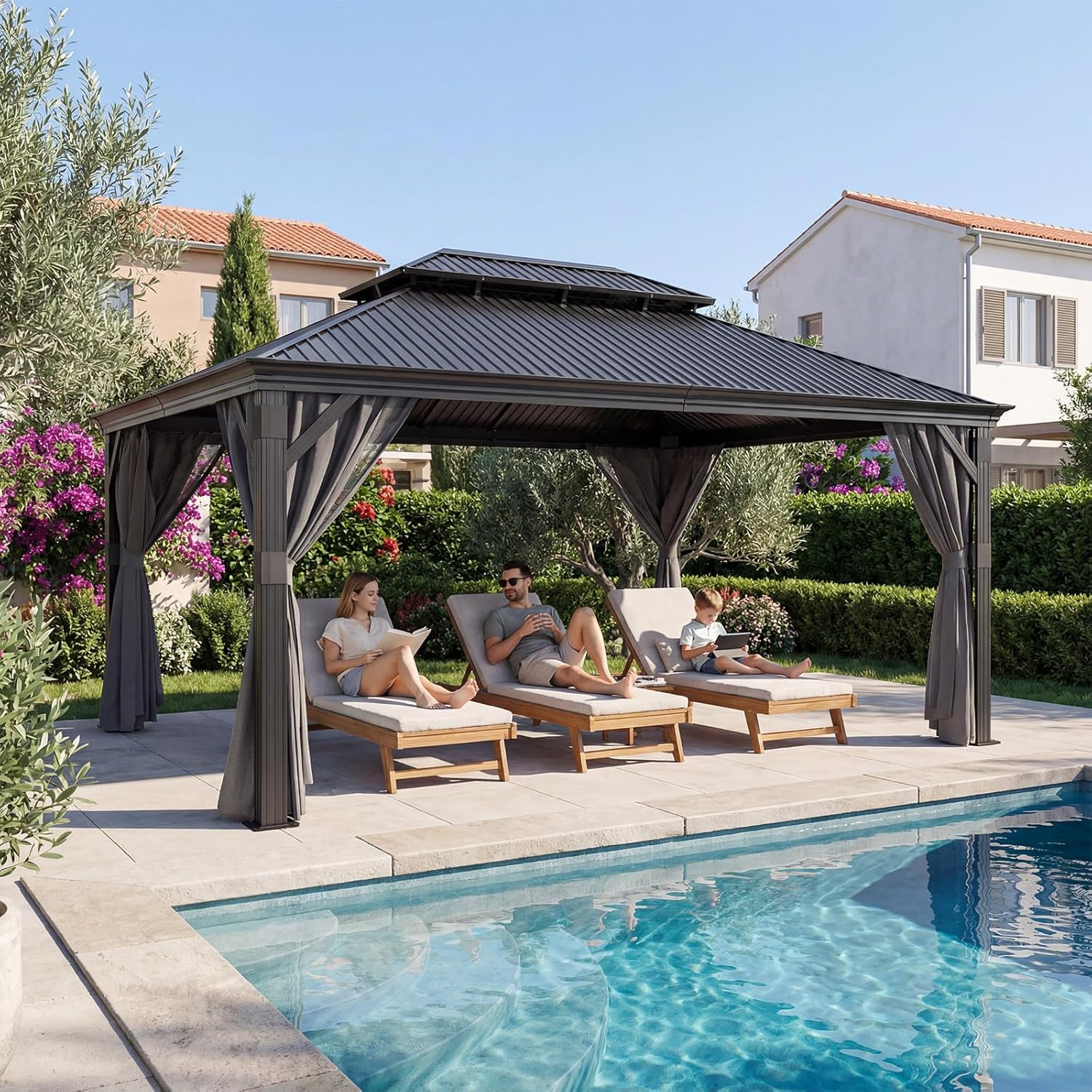 JUMMICO - Hardtop Pavillon - 3,65x4,85m - Étanche, double toit, stores, moustiquaires