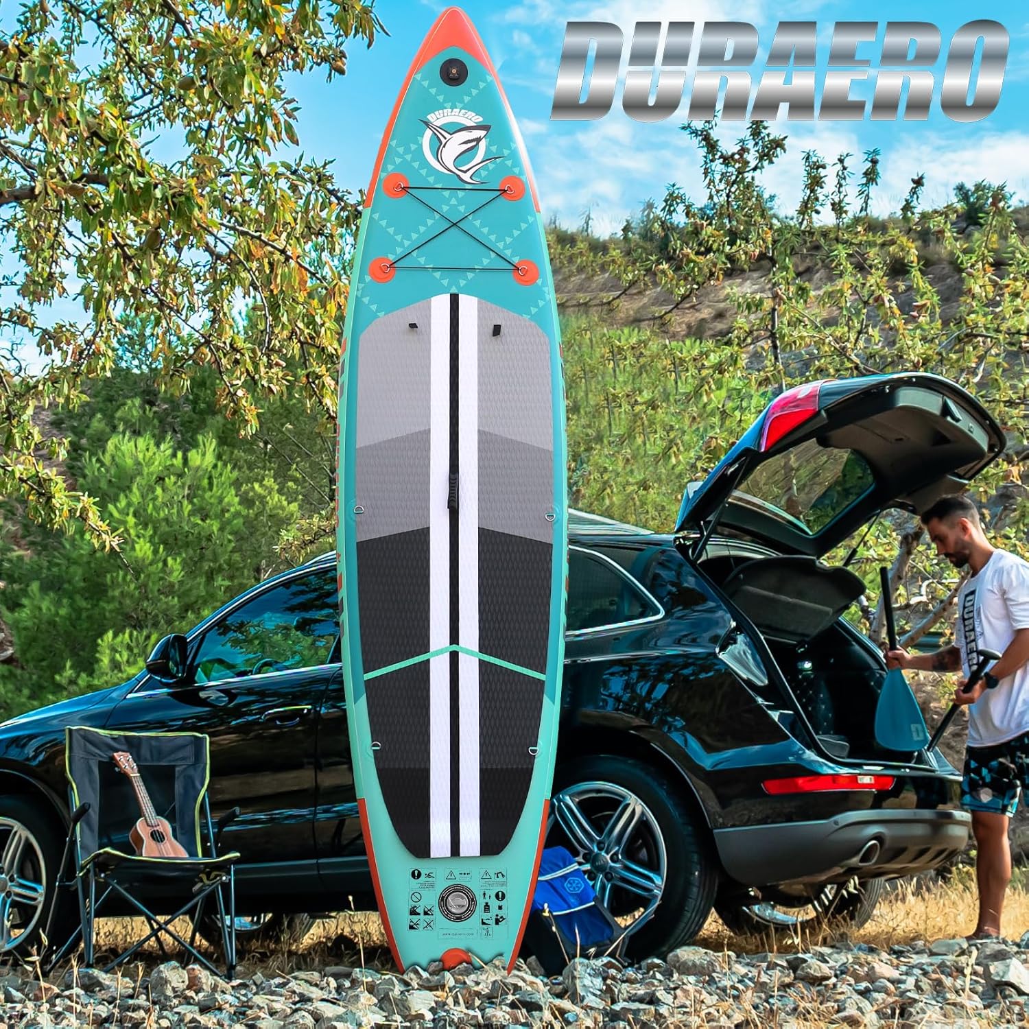 Siège de Kayak Gonflable Stand Up Paddle et Support de caméra, pagaie 2 en 1 330x76x15cm, Pompe jusqu'à 150kg avec Sangle de Pied, Sac à Dos