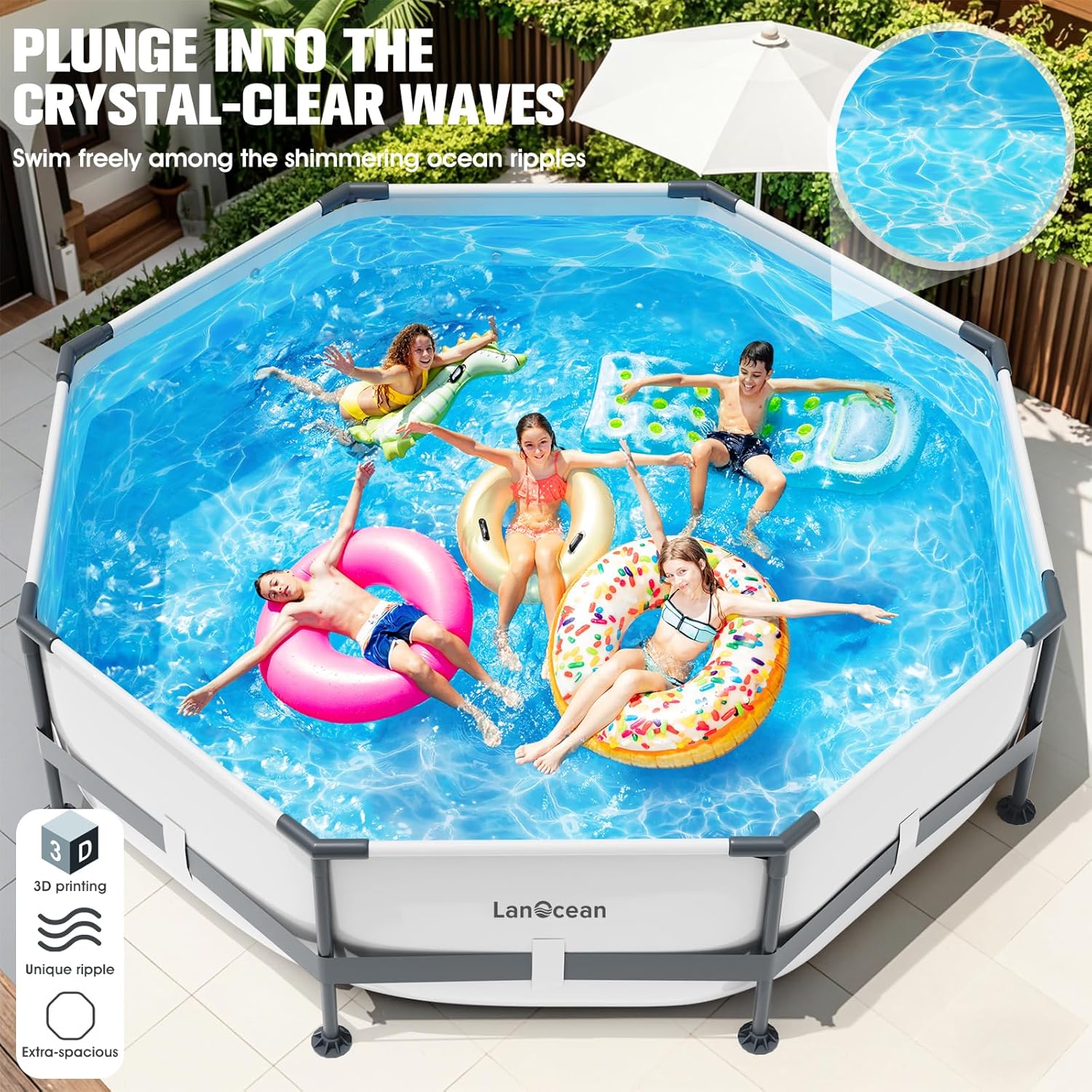 LanOcean Piscine Tubulaire Ronde 300x300x60cm, Piscine Hors Sol Ronde avec Matériau Anti-Crevaison, Grande Piscines Steel Frame Adulte Vidange Rapide, Piscines Tubulaire Jardin pour Toute la Famille