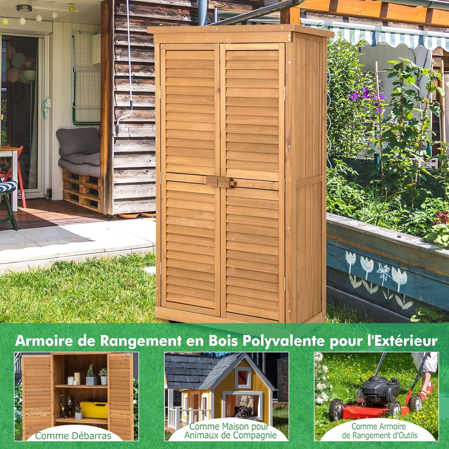 RELAX4LIFE - armoire de jardin bois 82x42x160cm, 3 étagères, toit asphalte
