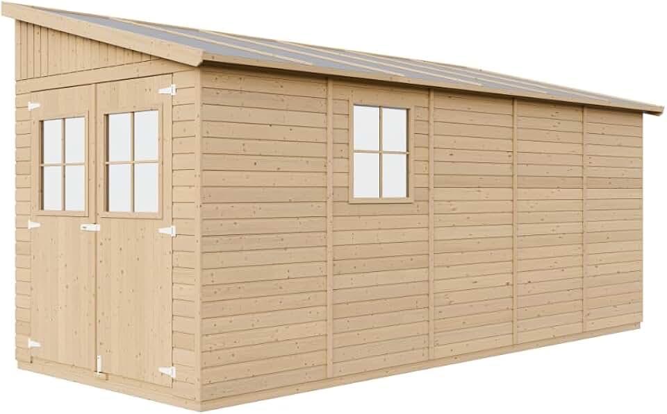 TIMBELA M341 Abri de Jardin en Bois Naturel (sans paroi latérale)- Stockage extérieur avec fenêtres- H244x216x513 cm/10 m2, Hangar en Bois Naturel - Atelier Rangement Outils et vélos The Forest Stewardship Council