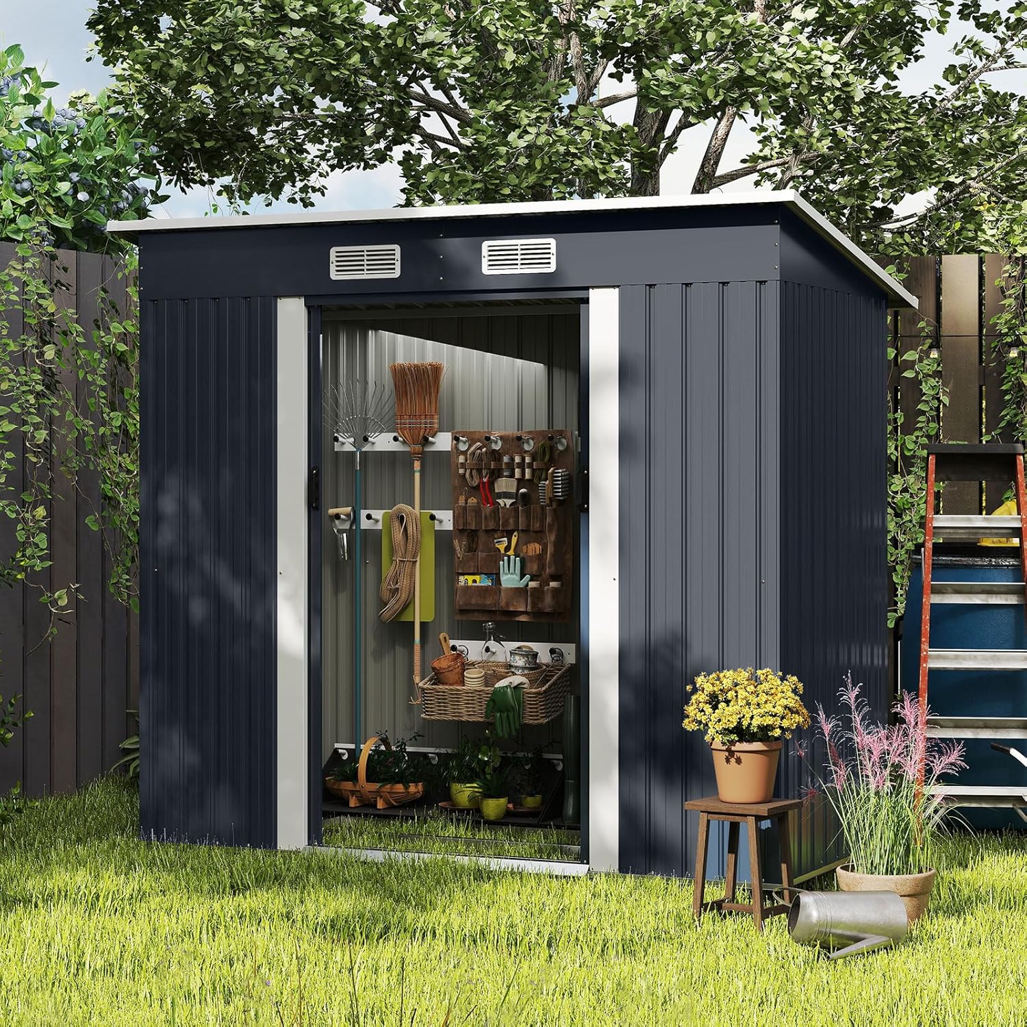 RELAX4LIFE Abri de Jardin en Métal 4m³ avec Toit Incliné, Porte Coulissante Verrouillable et Aérations, Cabane à Outils Extérieur pour Jardin, Cour, Pelouse, Patio, 213 x 112 x 186 CM