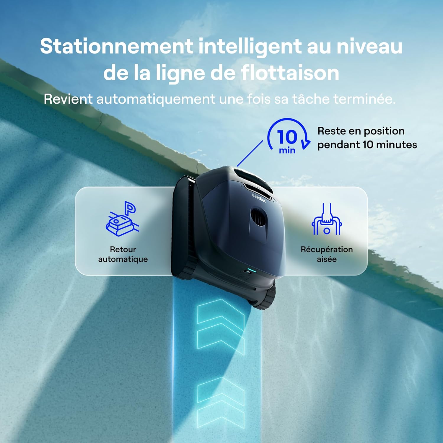 Beatbot Sora 10 Robot piscine sans fil — Fond/parois/ligne d'eau/plages immergées, puissance d'asp. 25 700 LPH, stationnement intelligent à la ligne d'eau, capacité du filtre 5L, 300 min, Bleu Profond