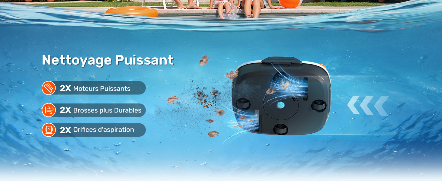 Le texte indique « Nettoyage Puissant ». Scène sous-marine bleue montrant un robot nettoyeur de piscine avec indicateurs de mouvement et bulles.