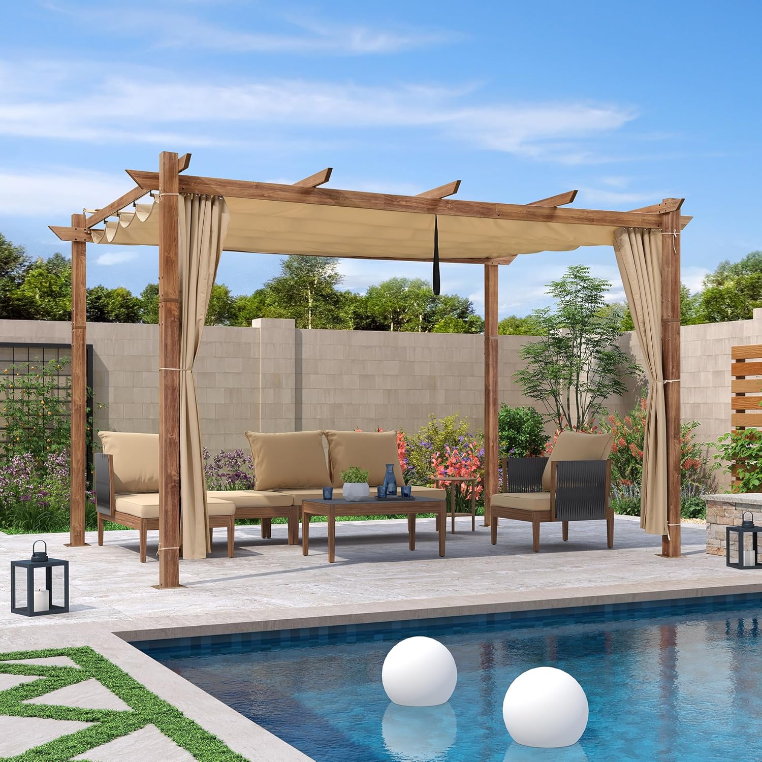 PURPLE LEAF - Pergola alu finition teck 4x3m - toile rétractable, rideau, kaki