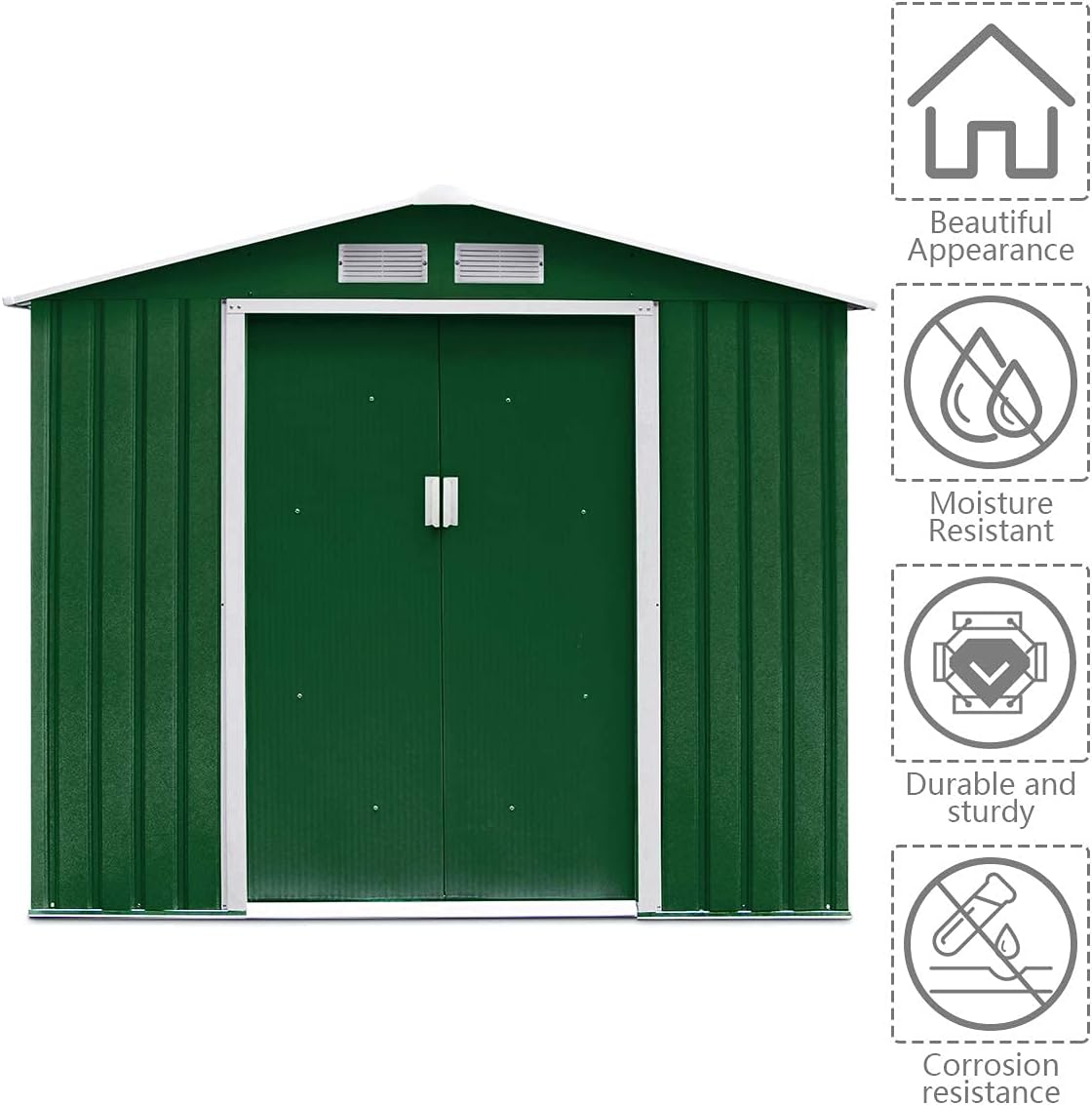 GIANTEX Abri de Jardin 2,7 m² en Métal, Abri à Outils avec Porte Coulissante & Fondation Solide, Remise à Outils Extérieur, 213 x 127 x 185 cm, Vert