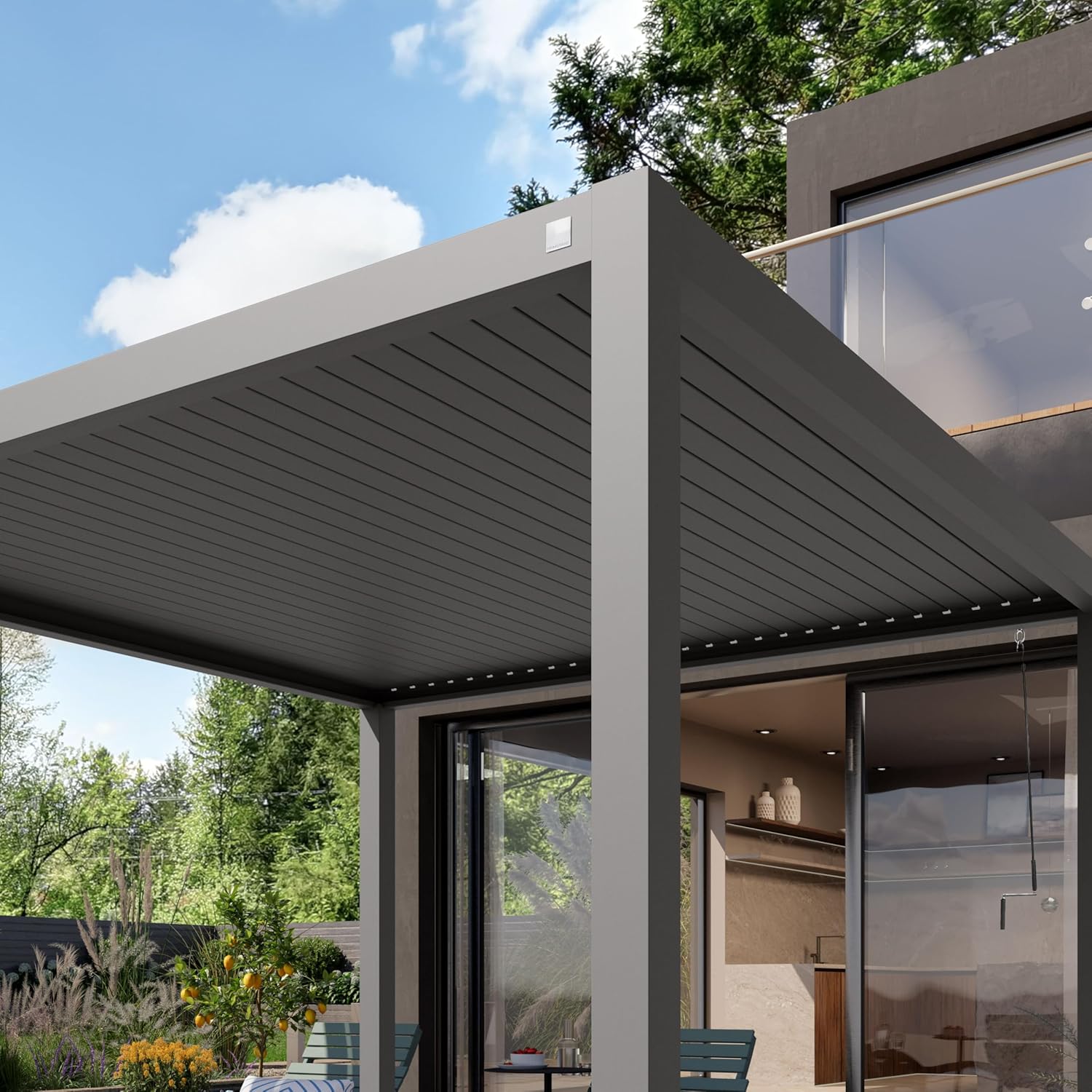 PRIMEYARD - Pergola aluminium, lames orientables, 4x4 m, gris
