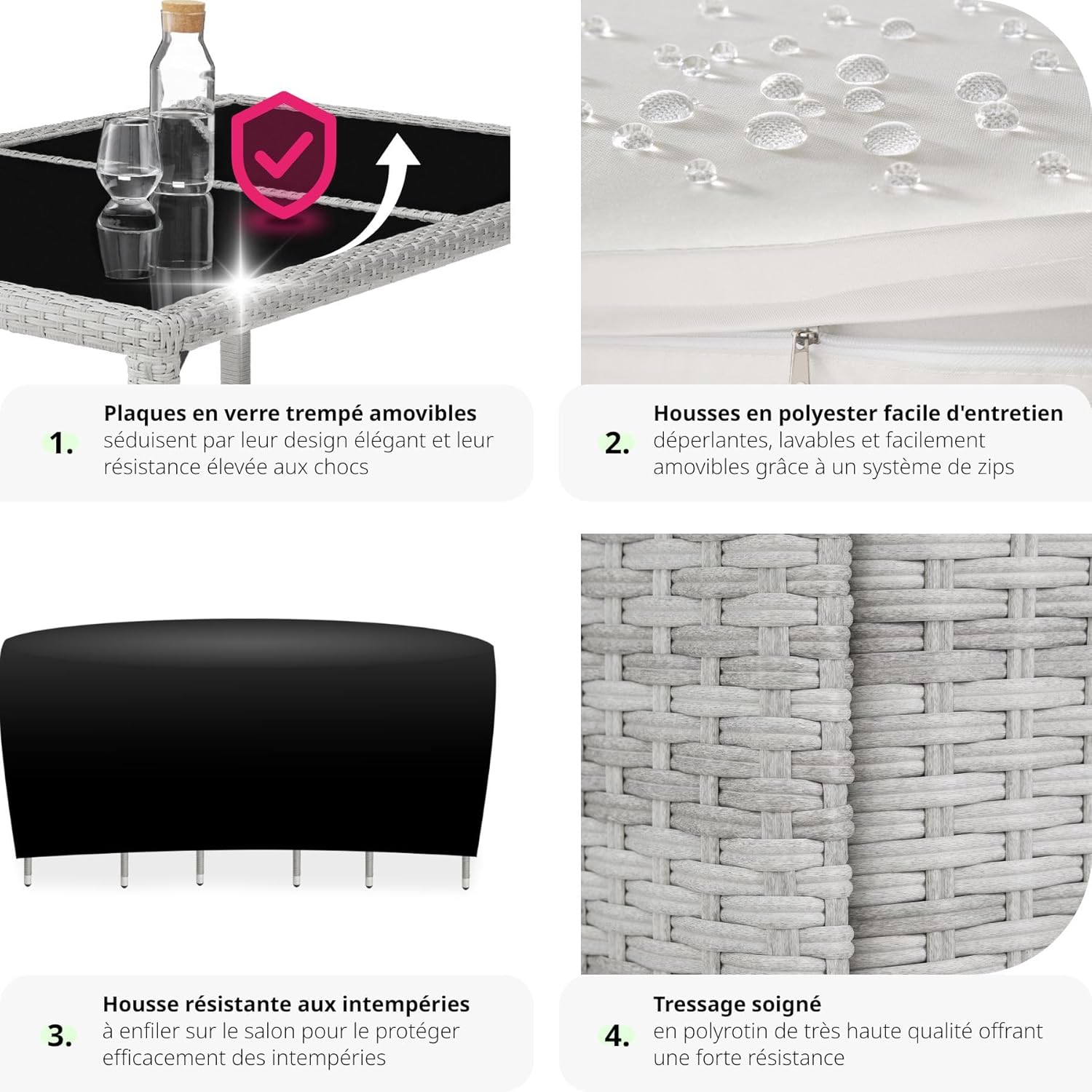 tectake - Salon jardin poly rotin, table et 6 chaises, UV, gris clair/crème