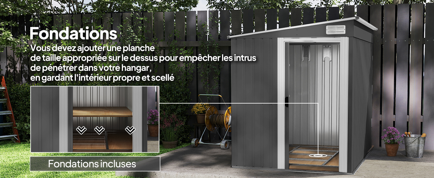 Le texte se lit comme suit : « Fondations ». Série d'images montrant une passerelle extérieure couverte ou une structure de pergola avec poteaux et poutres présentées dans divers contextes.