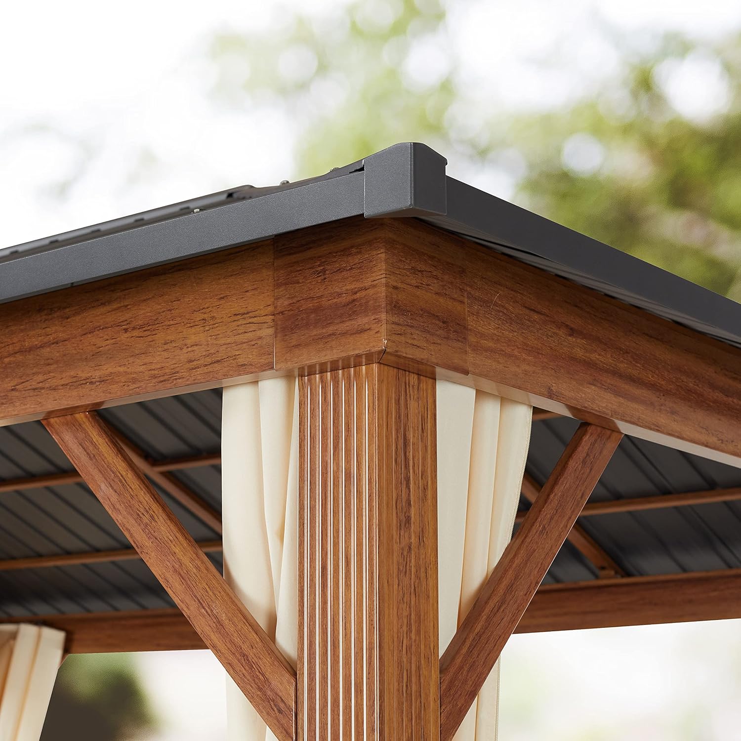 TOOLPORT - tonnelle de jardin série aspect bois 3x4m toit acier, 4 parois, champagne