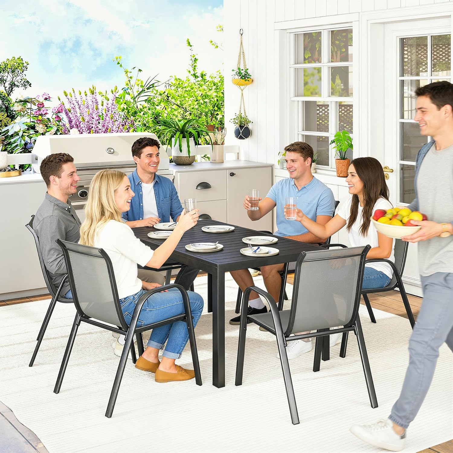 Outsunny - Salon de jardin extérieur 7 pcs - 150cm - table à lattes, acier antirouille, 6 chaises empilables, gris clair