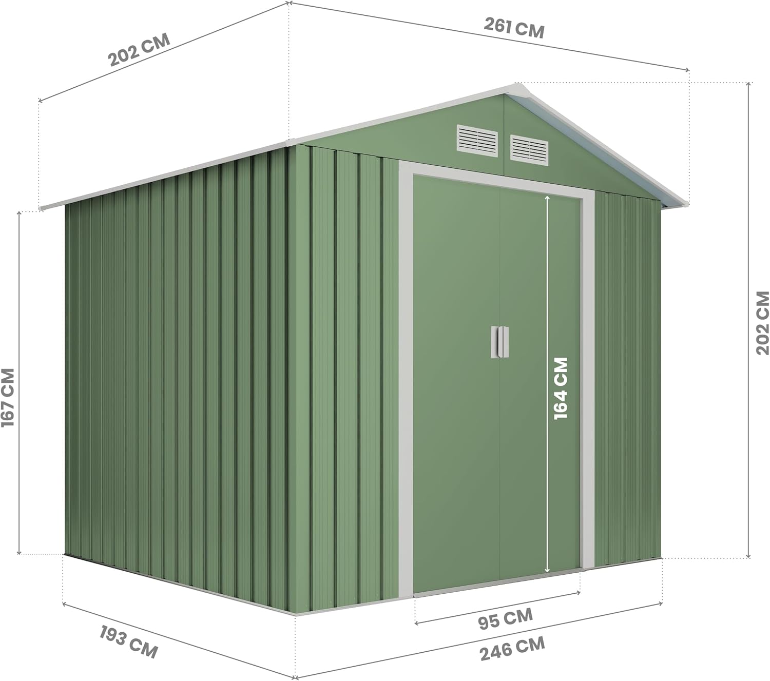 Wasabi - Abri de jardin Light Green 5,27m² double porte, toit double pente, 261x202x202cm