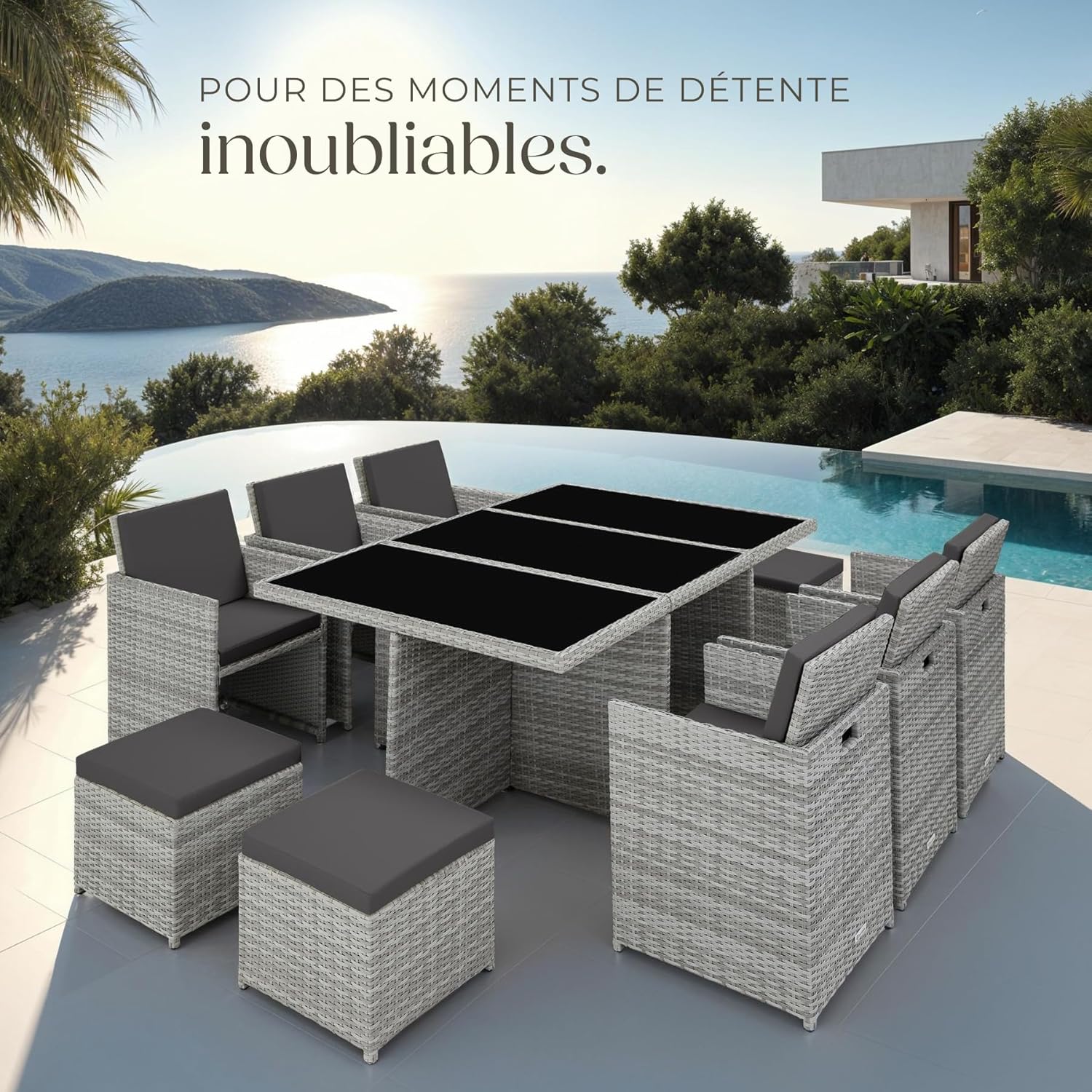 tectake - Salon de jardin 10 places, aluminium, résine tressée, housses incluses, gris clair