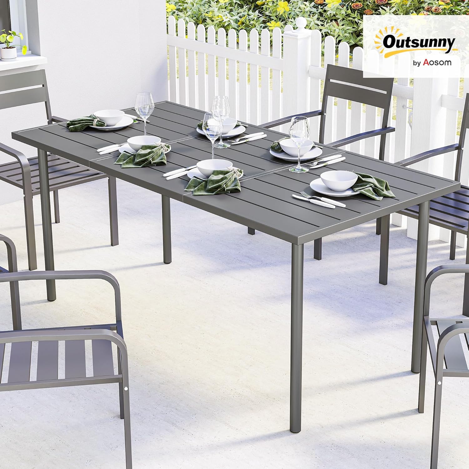 Outsunny - Table jardin série 6 pers - 165x80 cm - métal lattes, extérieur