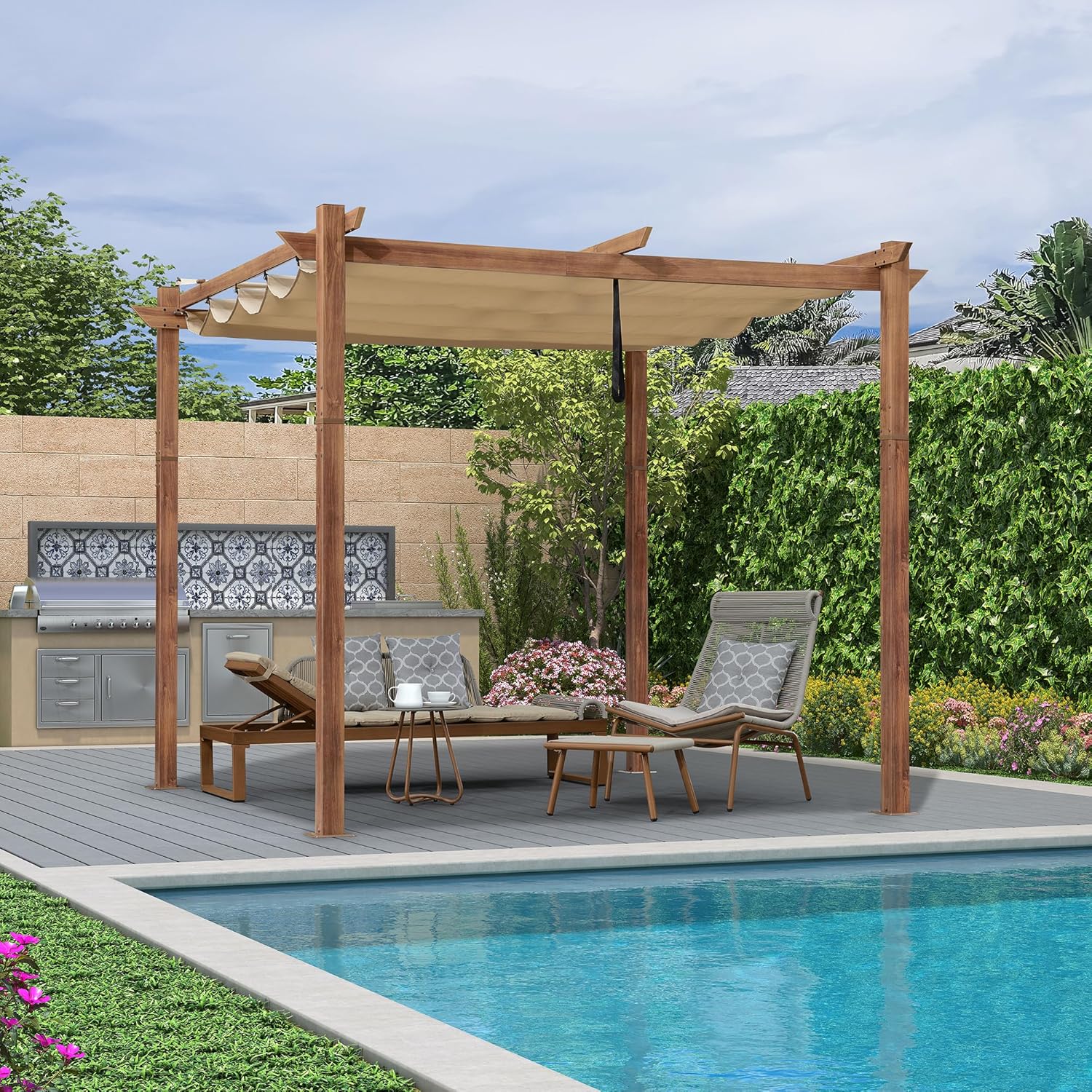 PURPLE LEAF - pergola aluminium - 3x3m - teck, toile rétractable, kaki