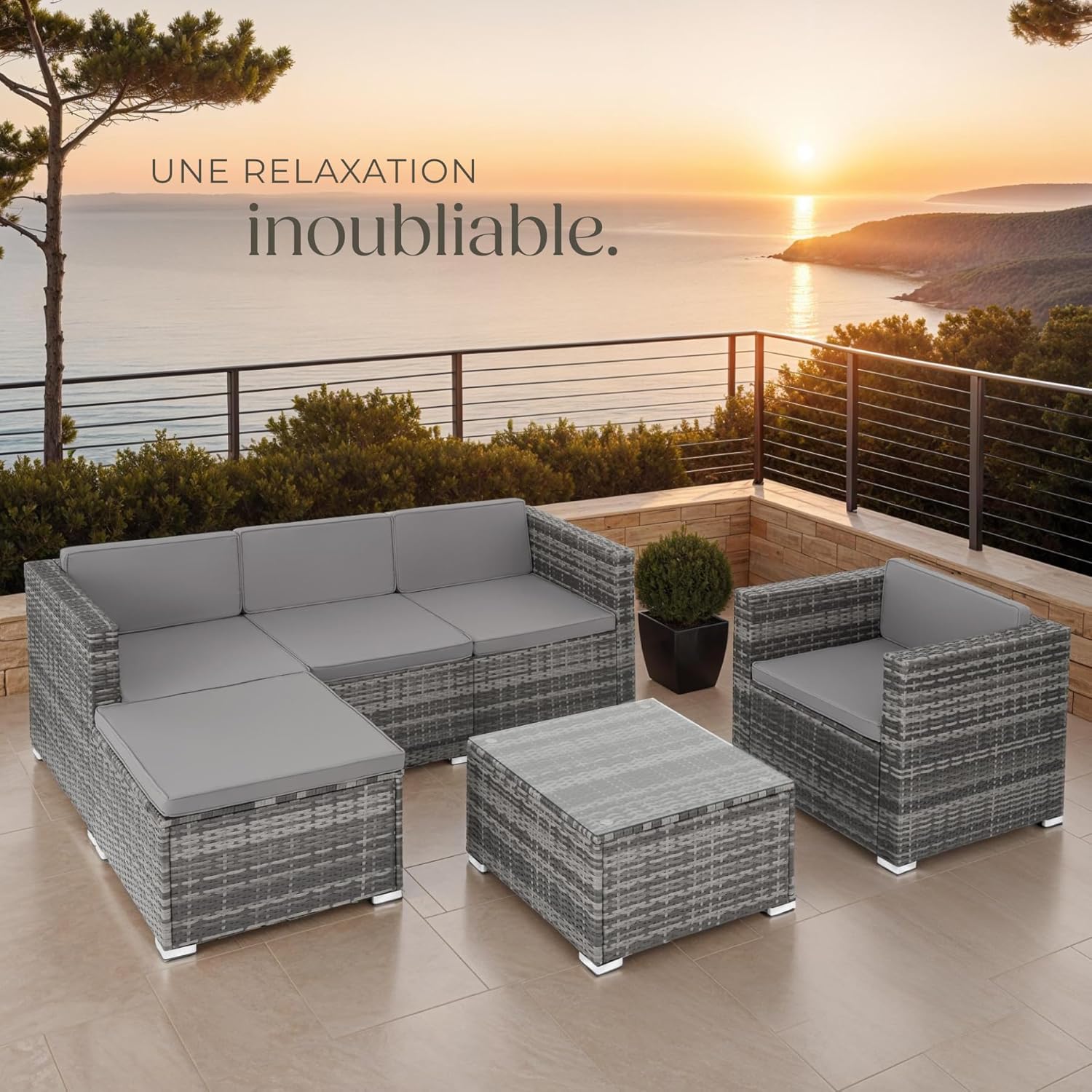 tectake - Ensemble Poly Rotin 5 places modulable dimensions, salon extérieur