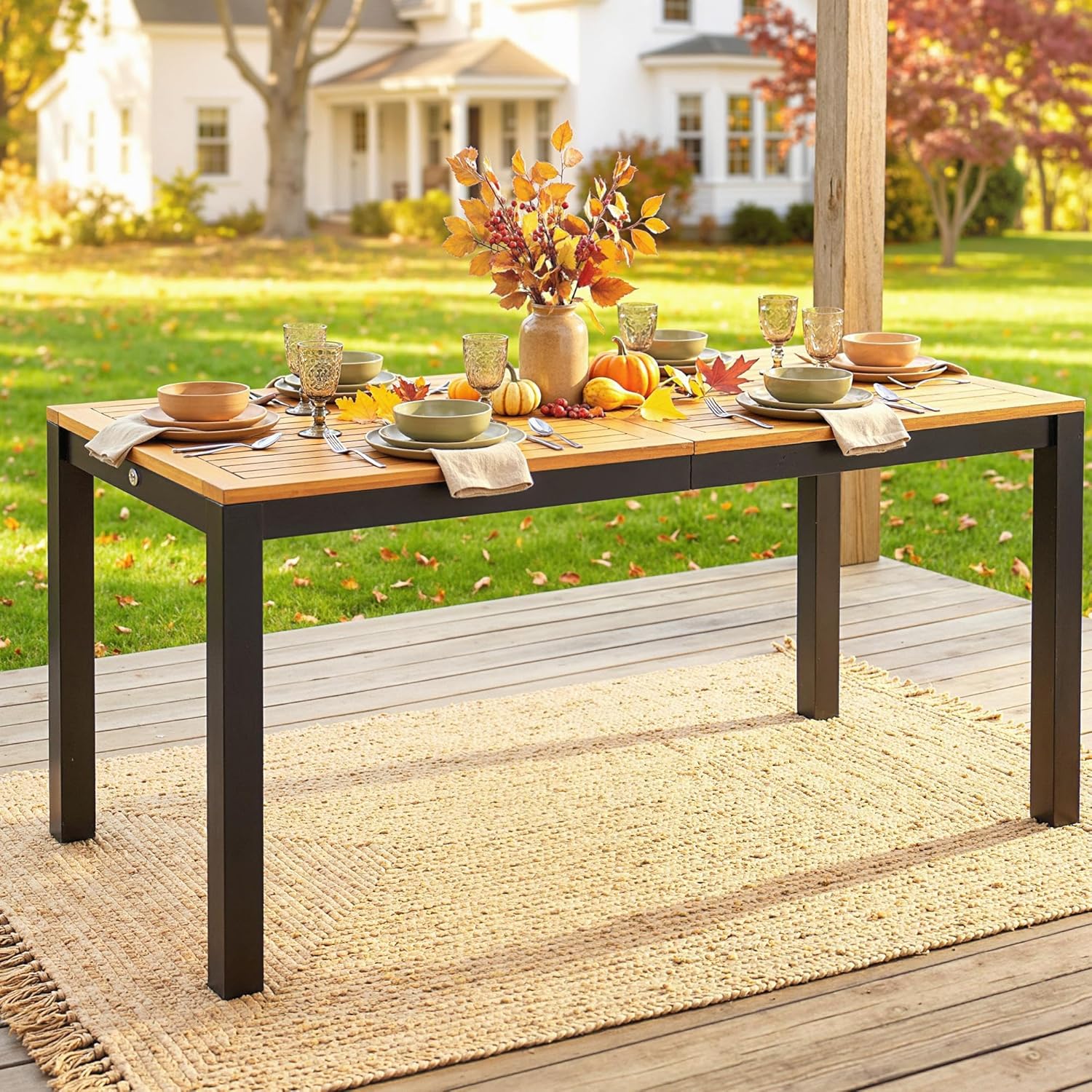 Outsunny - Table de jardin rectangulaire 150x75x75 cm - bois acacia, 6 places, trou parasol, 80 kg