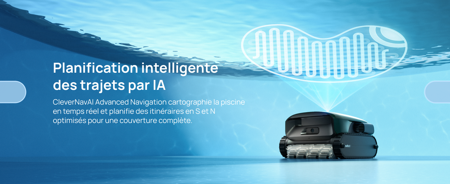 Le texte se lit comme suit : « Planification intelligente des trajets par IA ». Bannière promotionnelle bleue représentant un véhicule SUV foncé avec des graphismes blancs ressemblant à des vagues et la ligne d'horizon de la ville, faisant la promotion d'une technologie de planification d'itinéraire alimentée par l'IA.