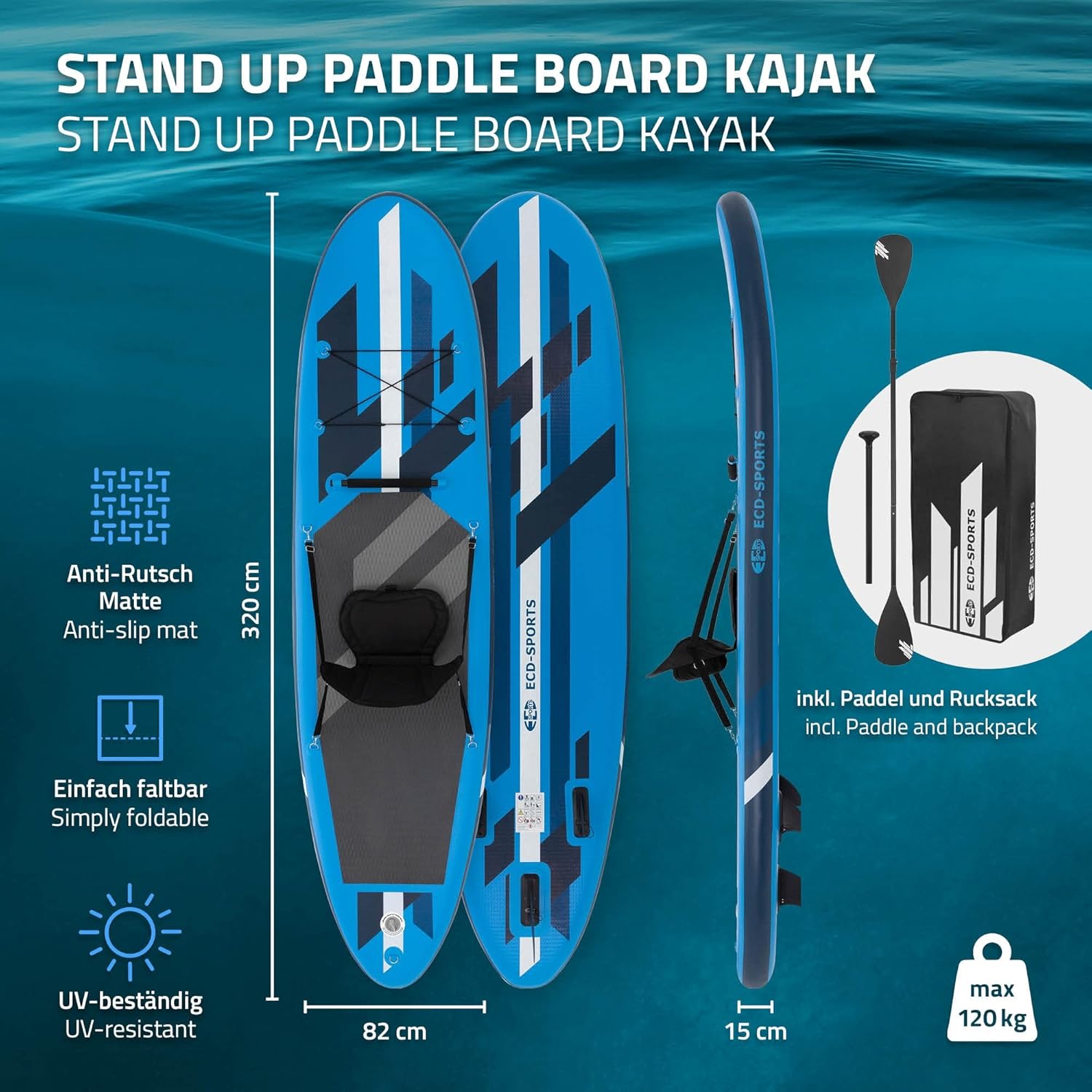 ECD Germany Stand Up Surf Paddle Board Gonflable 305/308/320/380 cm | PVC | jusqu'à 120/150 kg | Épaisseur 10/15 cm | Planche de Surf Pagaie Sac de Transport Pompe à Air | Diverses Couleurs Modèles