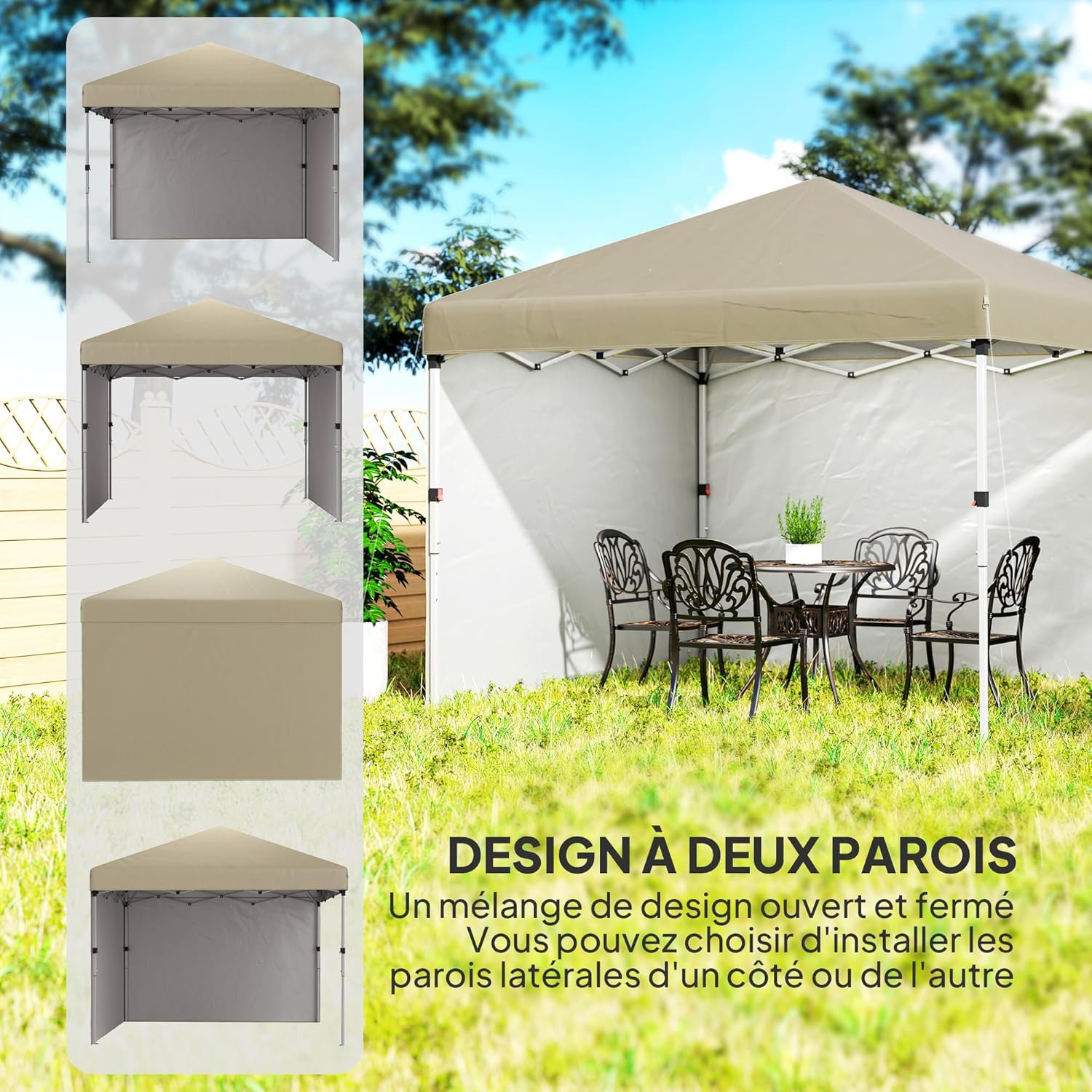 Outsunny - tonnelle pop-up réglable - 297x297x288cm - UV 30+ 2 parois